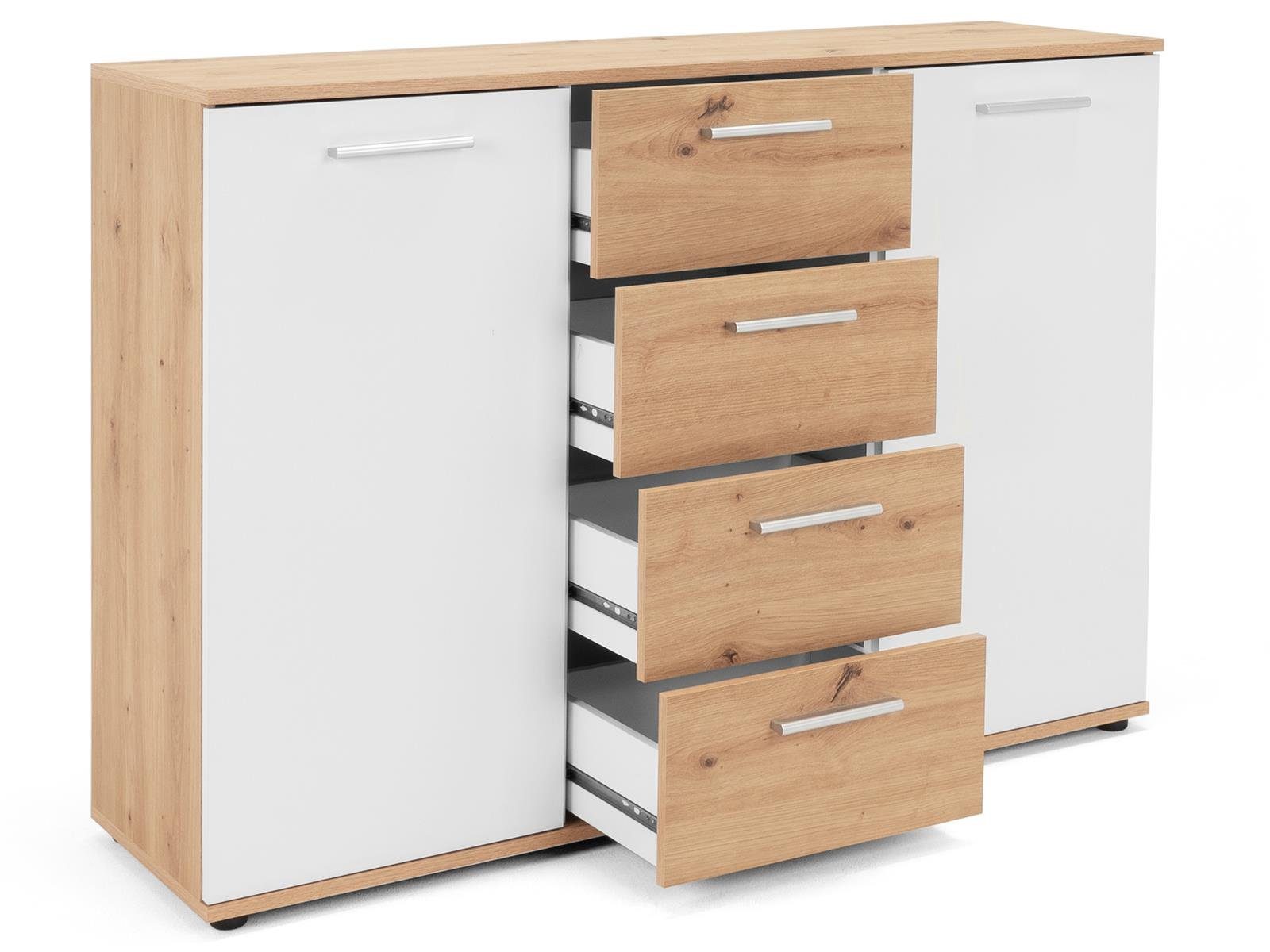 möbelando Sideboard Jacklin, Modernes Sideboard aus Spanplatte in Artisan Eiche Nachbildung /Weiß mit 4 Schubkästen und 2 Türen dahinter je 1 Boden. Breite 120 cm, Höhe 85 cm, Tiefe 35 cm