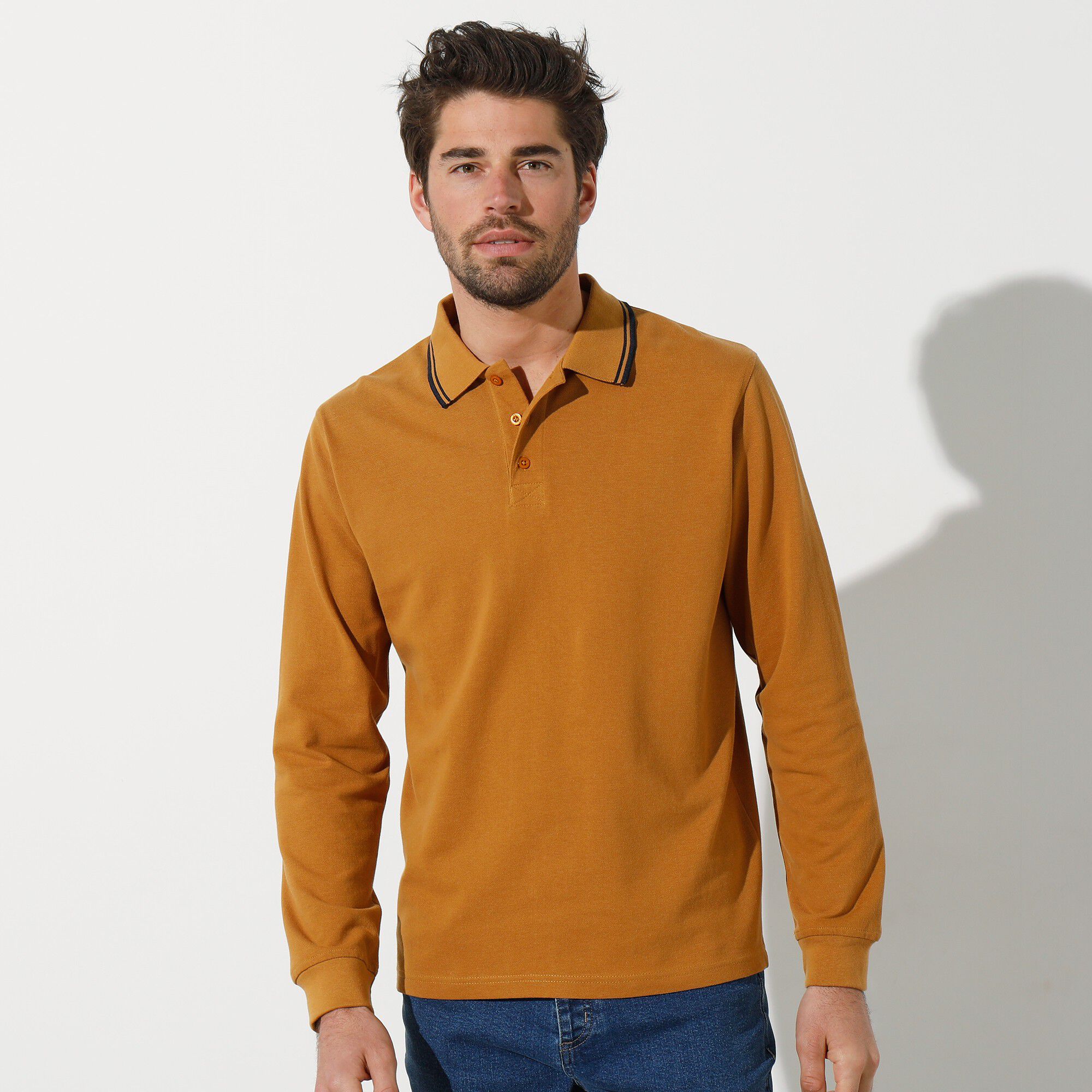 Polo uni maille piquée manches longues