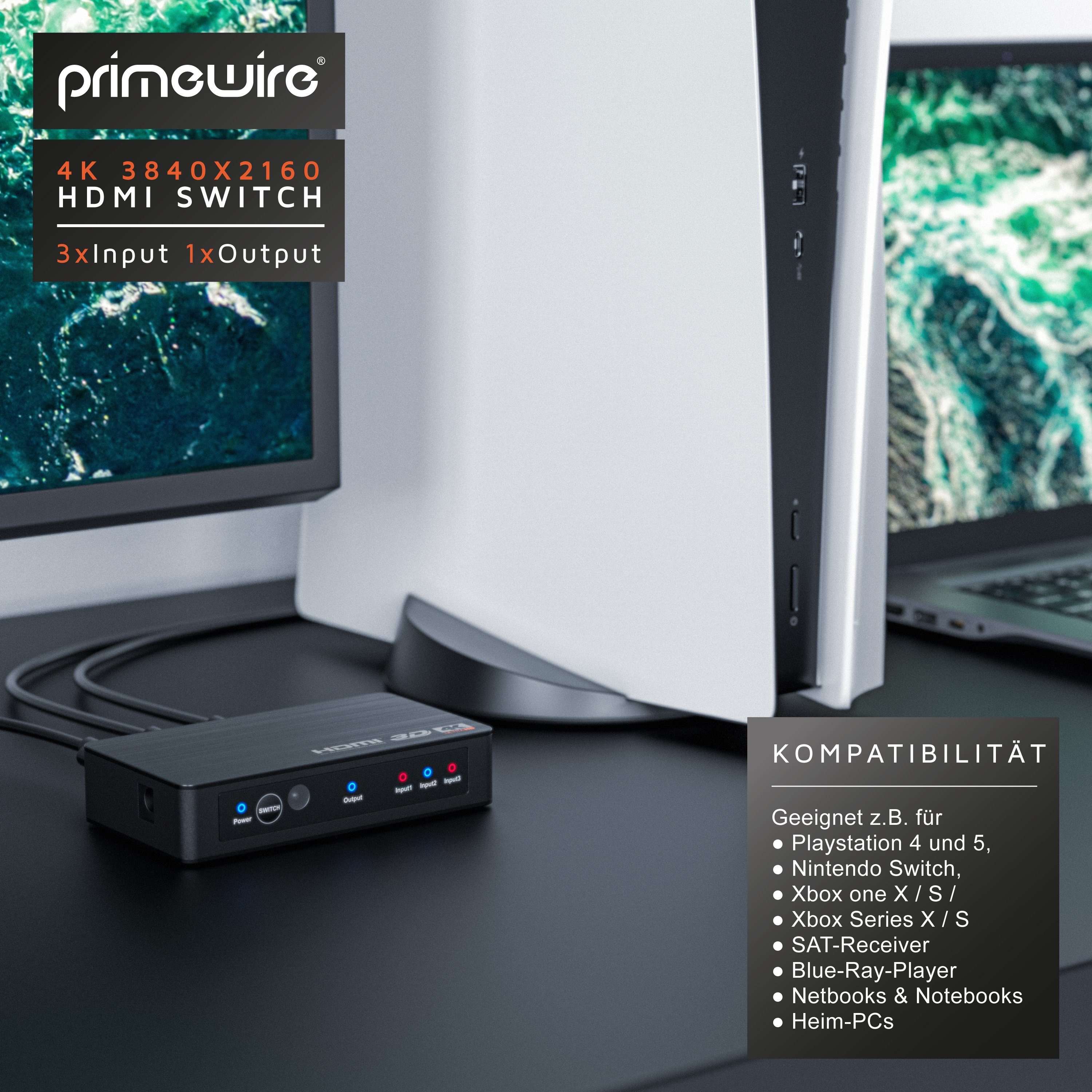 Primewire Audio / Video Matrix-Switch, HDMI 2.0b Verteiler 4k 60Hz UHD, 3 Port, Fernbedienung, Netzteil