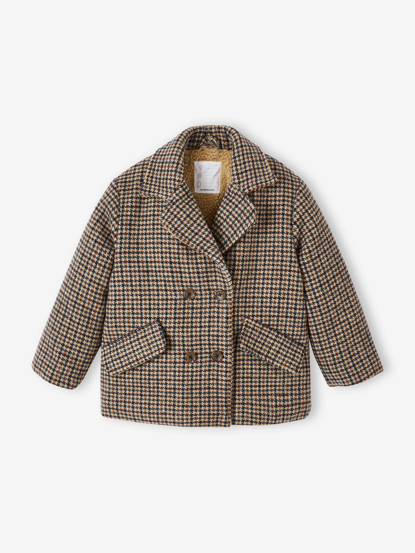 Vertbaudet Karierte Mädchen Jacke mit Teddyfleece-Futter, Wattierung Recycling-Polyester - beige kariert