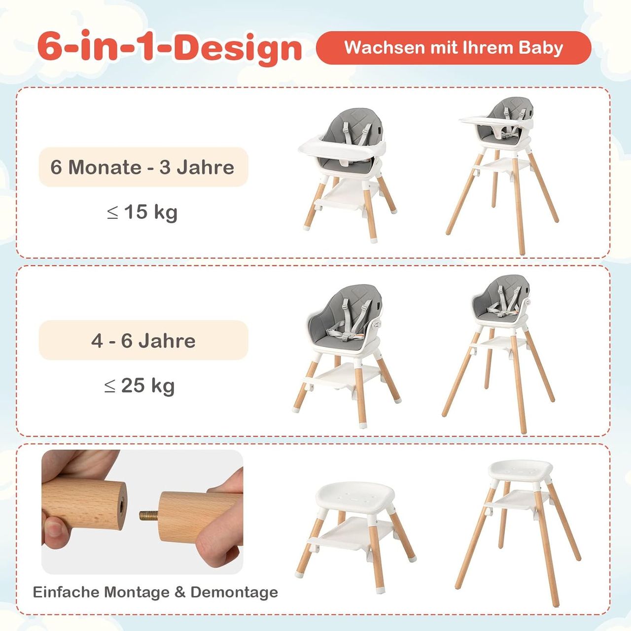 Costway 6 in 1 Babyhochstuhl aus PP & Buchenholz