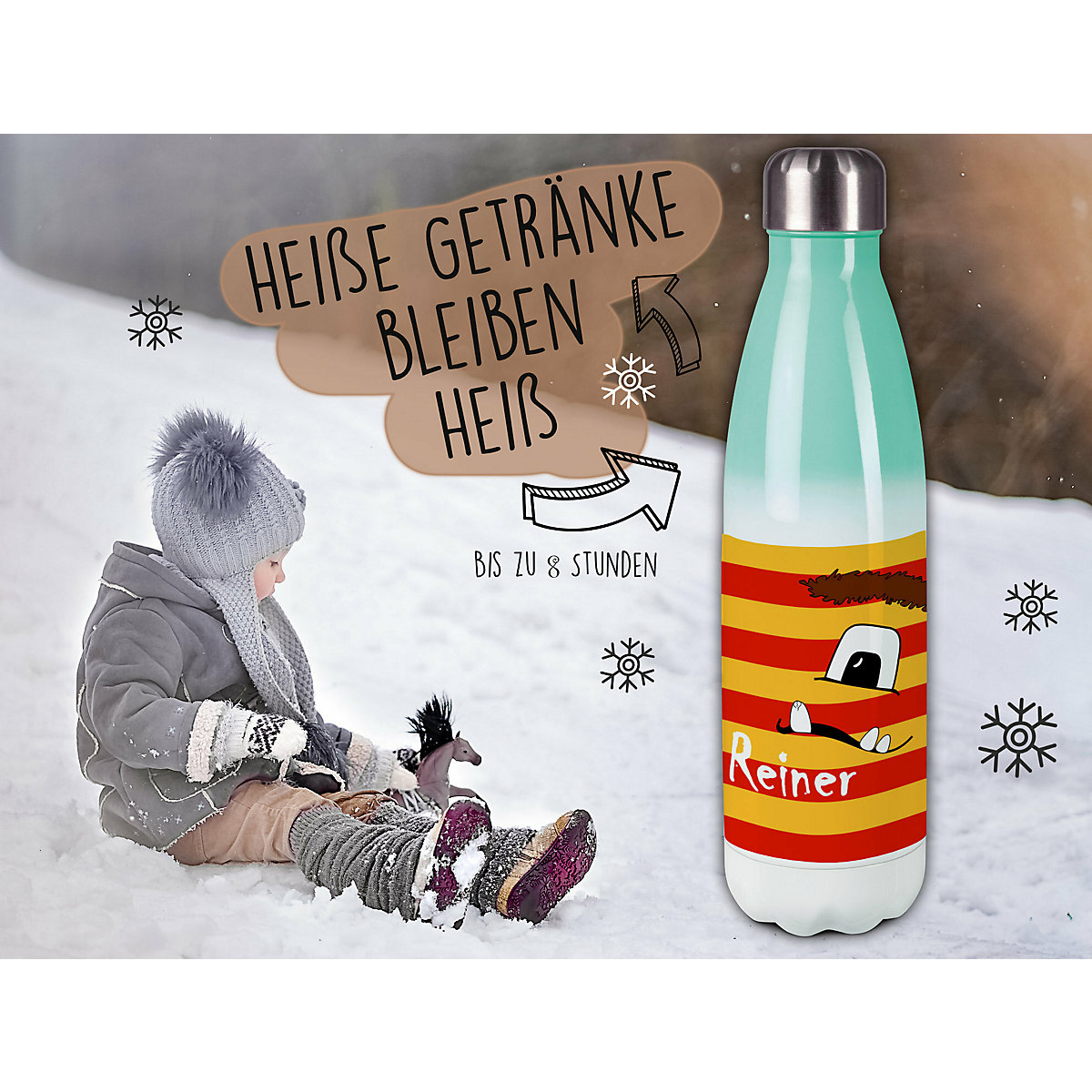 Edelstahl Kinder Thermoflasche / Trinkflasche bunt Monster Streifen Farbe rot gelb Spülmaschinenfest, Auslaufsicher, Bruchfest, Doppelwandig, Für Heißgetränke geeignet, Mit Deckel, Isoliert