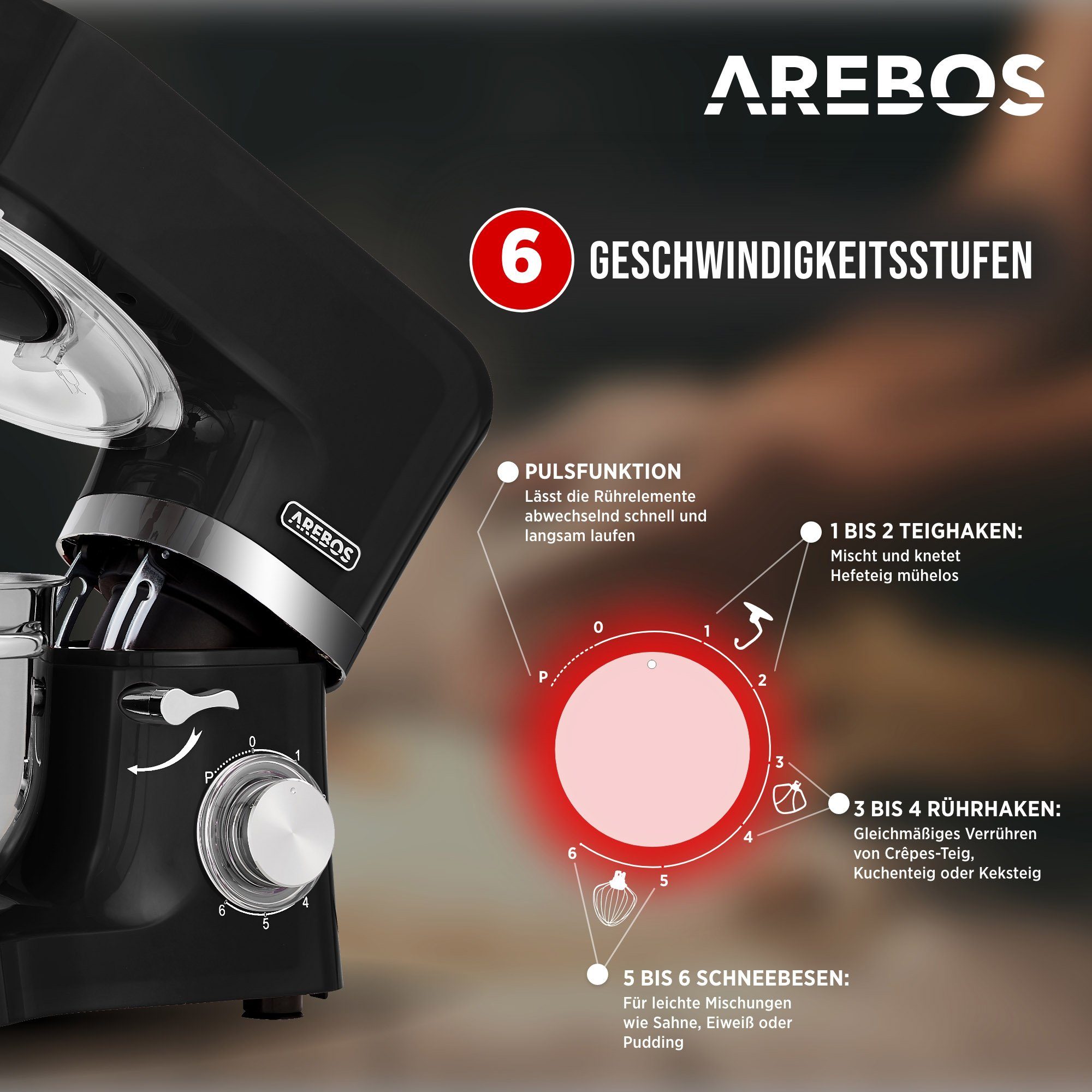 Arebos Küchenmaschine Fleischwolf, Nudelmaschine, Edelstahl-Schüssel, 1500 W, 5,50 l Schüssel, 3in1