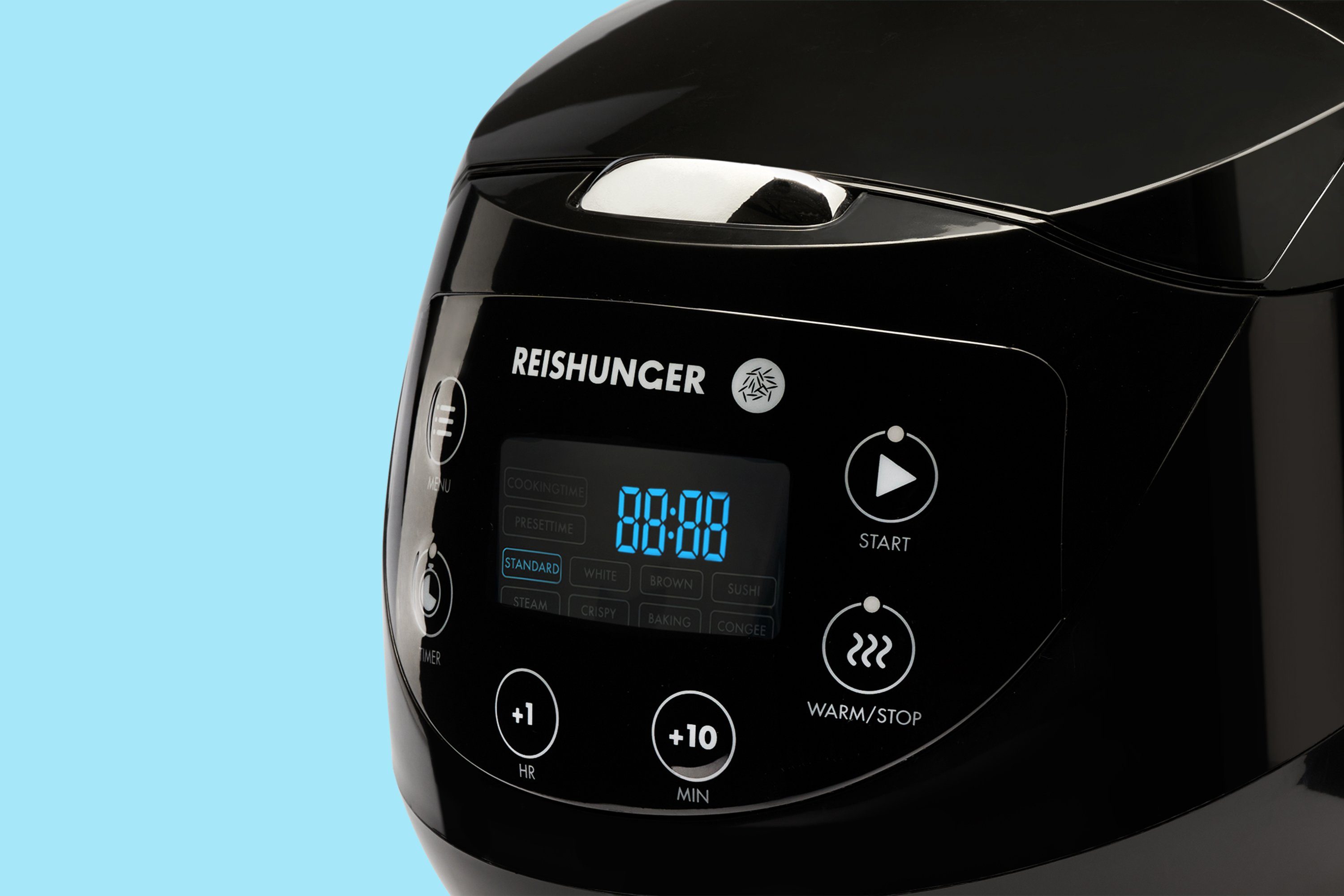 Reishunger Reiskocher - Digitaler Mini Reiskocher, 350 W, Dämpfeinsatz, Messbecher, Reislöffel, Timer- und Warmhaltefunktion