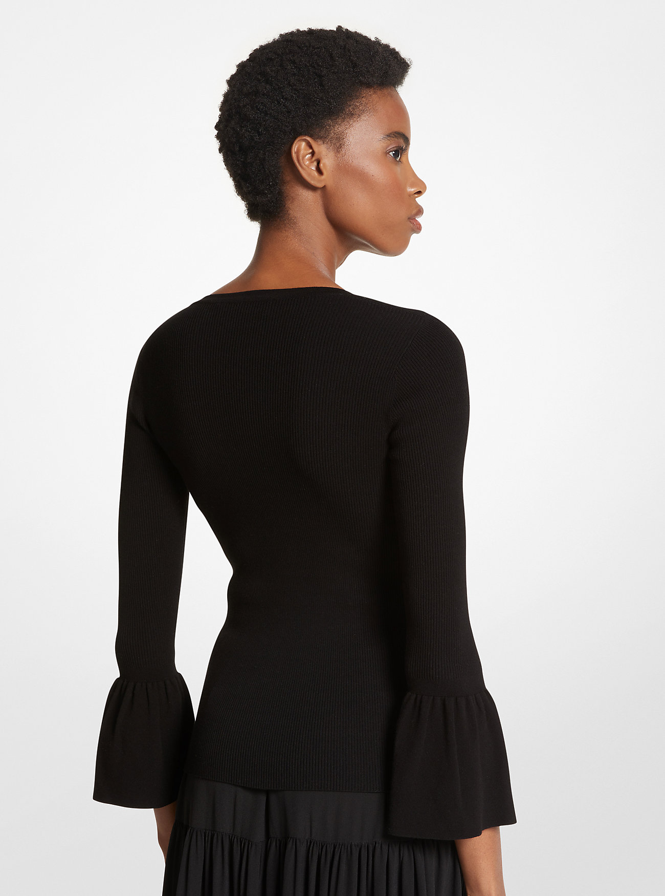 Ribbed Stretch Viscose Ruffle-Sleeve Sweater - BLACK