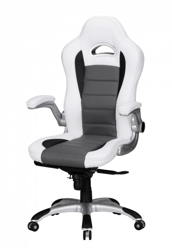 Amstyle Chefsessel Racing Leder Optik weiß grau mit schwarzen Streifen mit Armlehnen klappbar