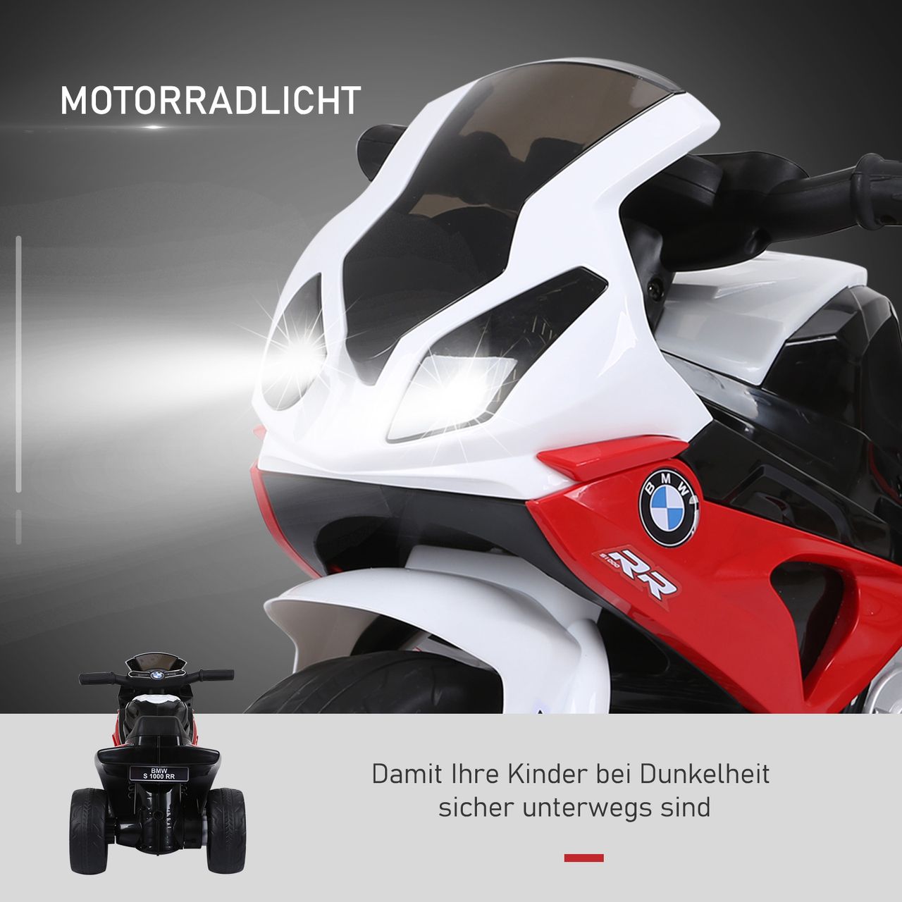 HOMCOM Elektro Kindermotorrad Kinderfahrzeug Lizensiert von BMW S1000RR Elektro-Dreirad mit Akku Stahl Rot 66 x 37 x 44 cm