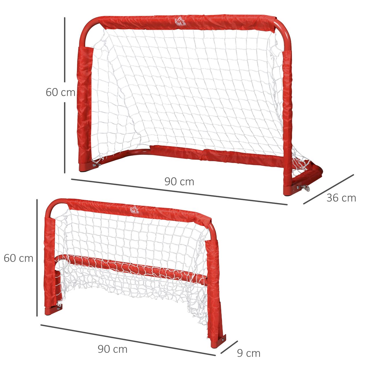 HOMCOM Fußballtore Fußballnetz 2er Set Minitore Faltbar Stahl(Q195) Tetrolon Rot 90 x 36 x 60 cm