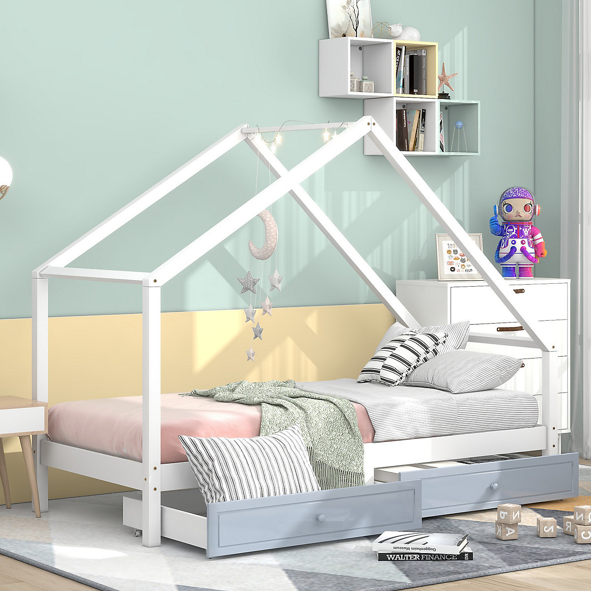Hausbett 90x200cm mit 2 Schubladen, Kinderbett Spielbett Massiv