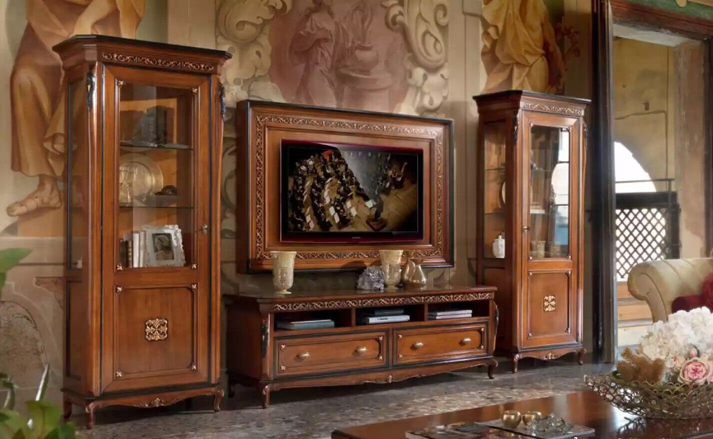 JVmoebel Wohnzimmer-Set Braun Wohnzimmer Set RTV Lowboard Wohnwand TV-Rahmen, (4-St., Nur Lowboard + 2x Vitrine + TV-Rahmen), Made in Italy