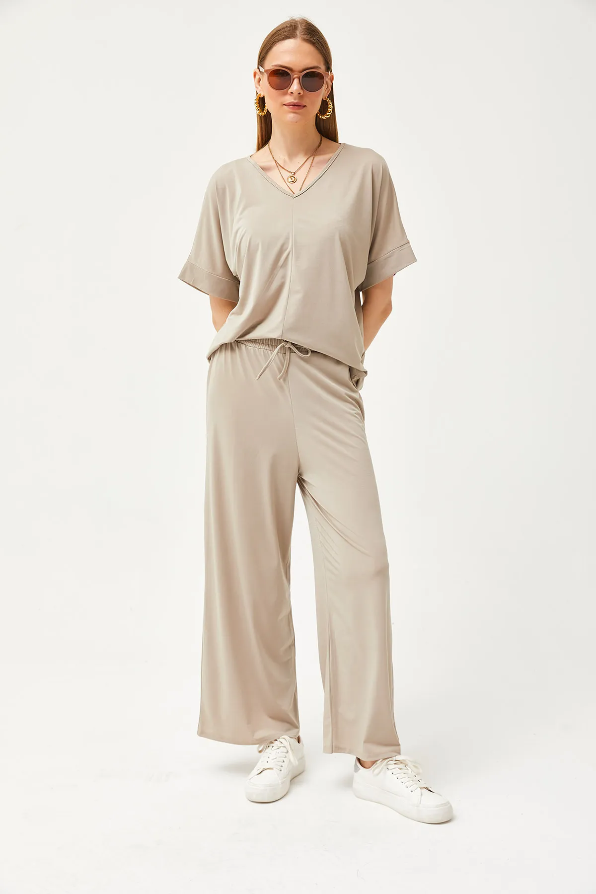 Olalook  Damen Beige Top Bluse Unterteil Palazzo Locker Strick Set TKM-19000267