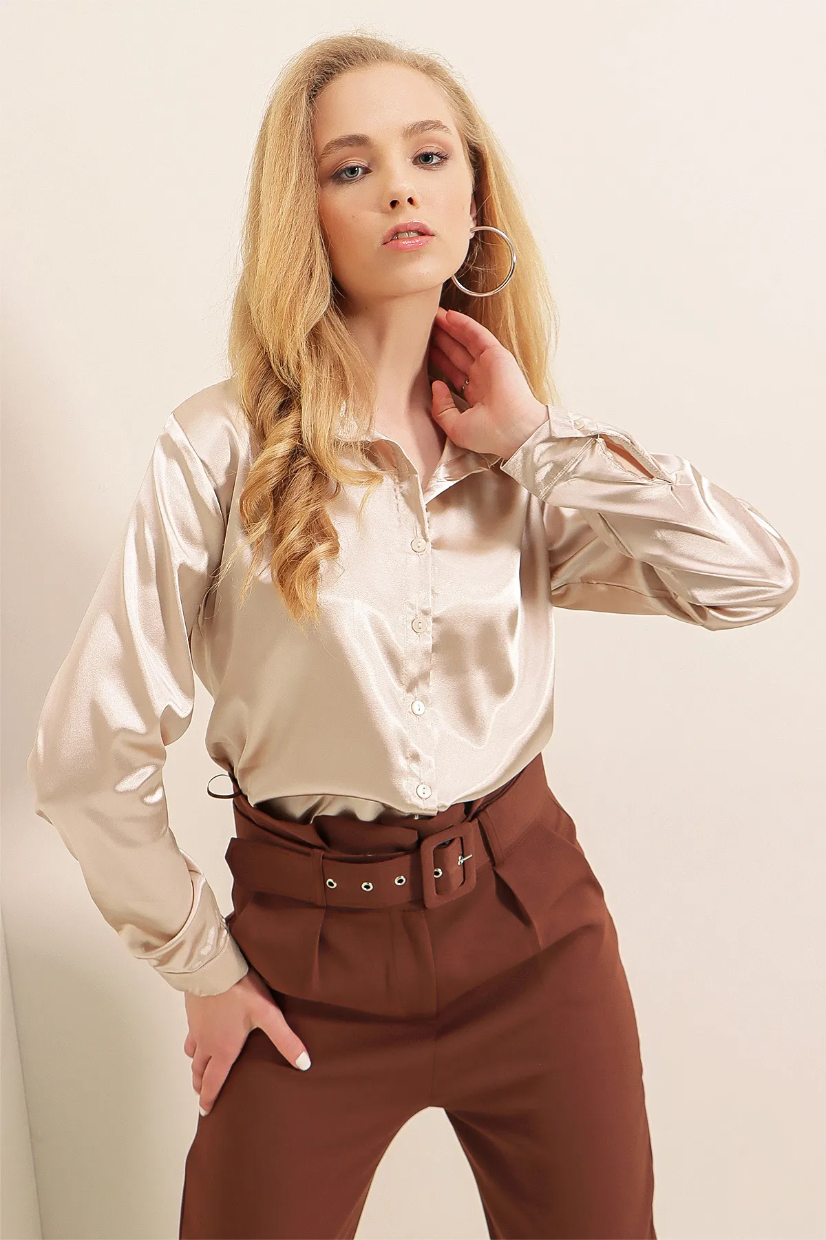 Bigdart  3964 Leicht fließendes Satinhemd – Beige