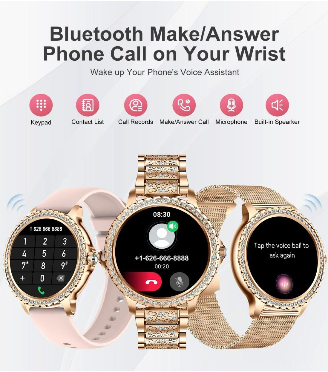 Lige Smartwatch, Damen Mit Telefonfunktion Wasserdicht Rund iOS Android Smart Watch