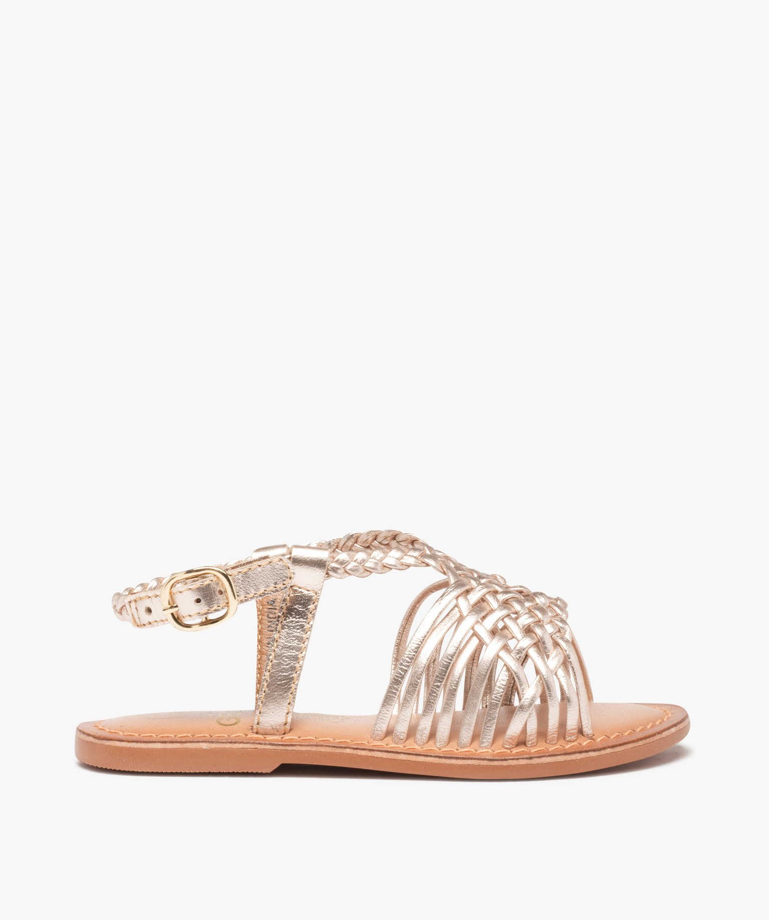 Sandales fille à fines brides en cuir tressées métallisées or | GEMO