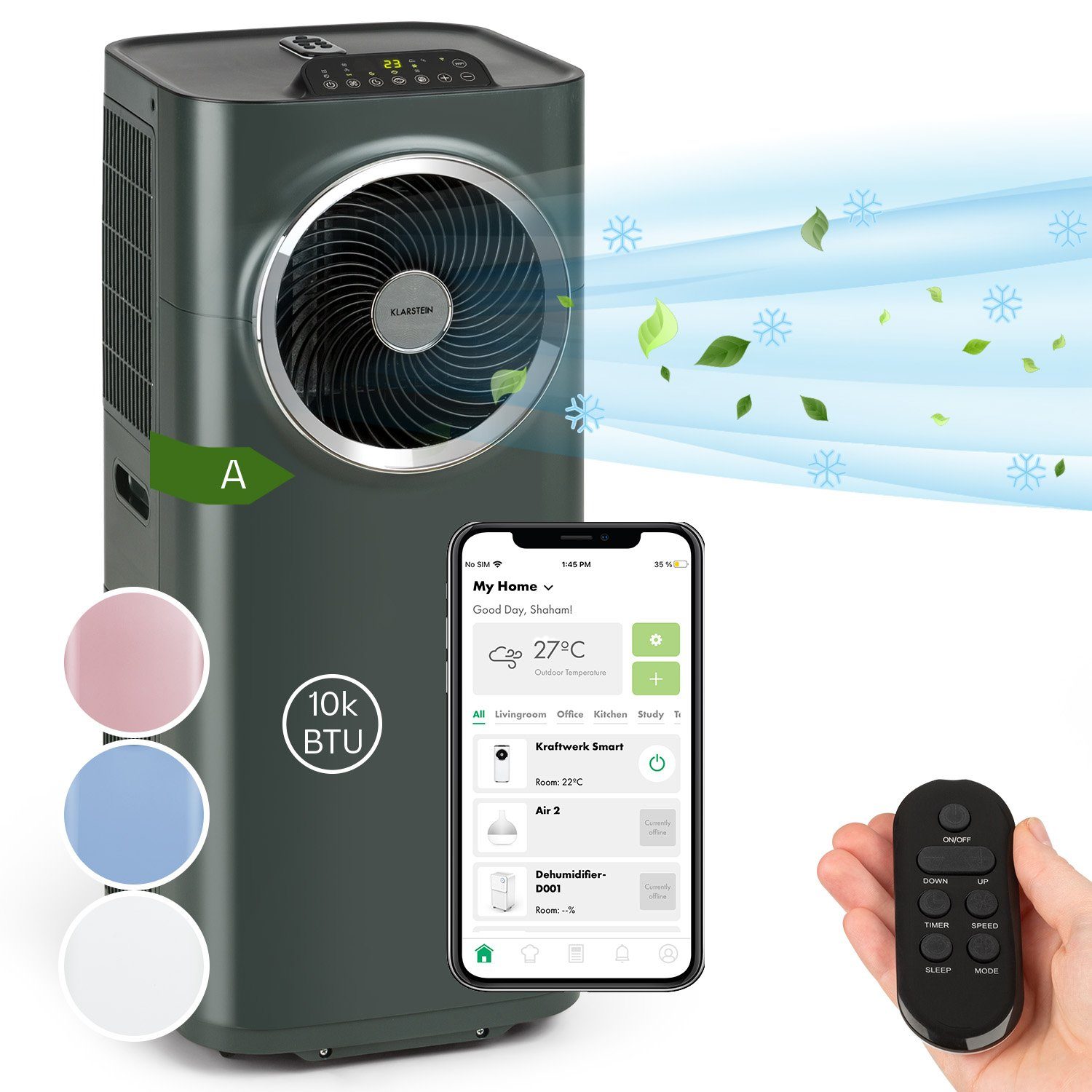 Klarstein Klimagerät Kraftwerk Smart, Klimagerät mobil Air Conditioner Kühlgerät Luftkühler