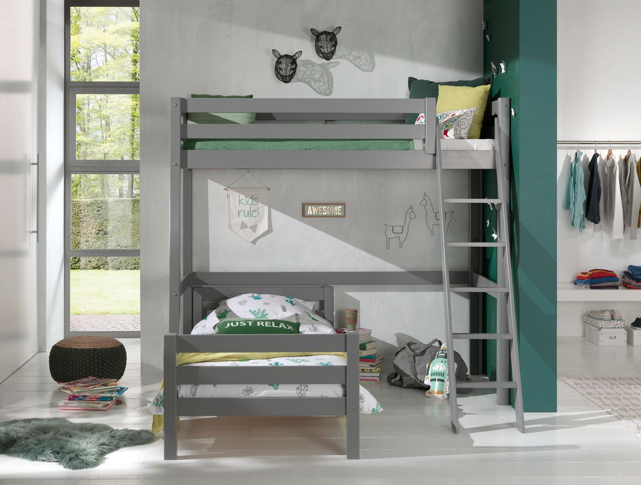 VIPACK Winkel Hochbett mit 2 Liegeflächen 90 x 200 cm, Ausf. grau lackiert