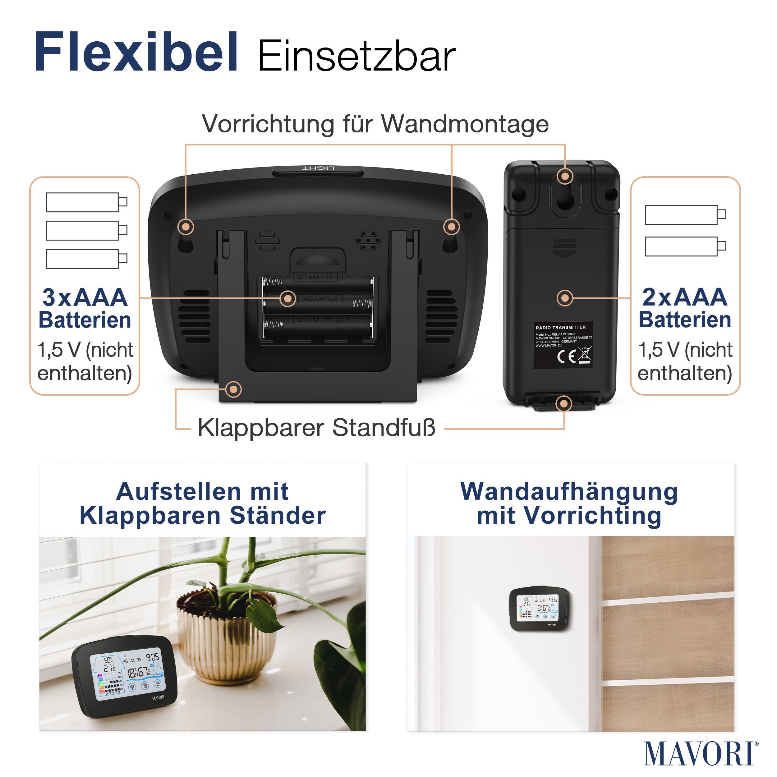 MAVORI Funk Hygro-Thermometer mit Außensensor – präzise und dekorativ Funkwetterstation (Funk Außensensor, Funkuhr)