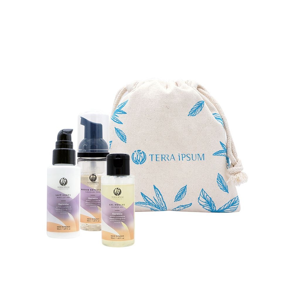 terra ipsum Pochon Découverte Trio - Gamme Aurania Gel douche + Nettoyant visage + Lait pour le corps