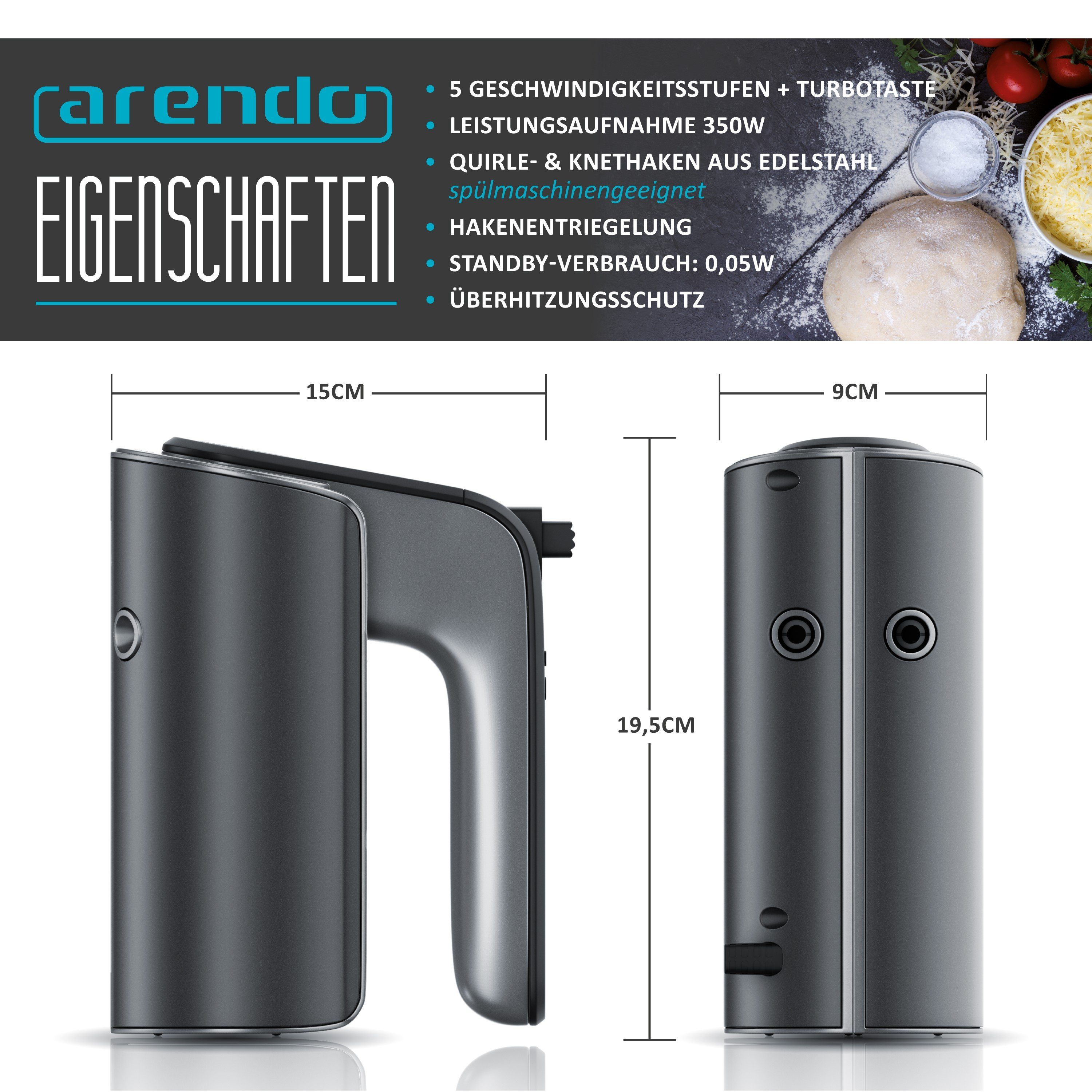 Arendo Handmixer, 350 W, aus Edelstahl mit Turbostaste, Handrührer inkl. 2 Quirle & 2 Knethaken