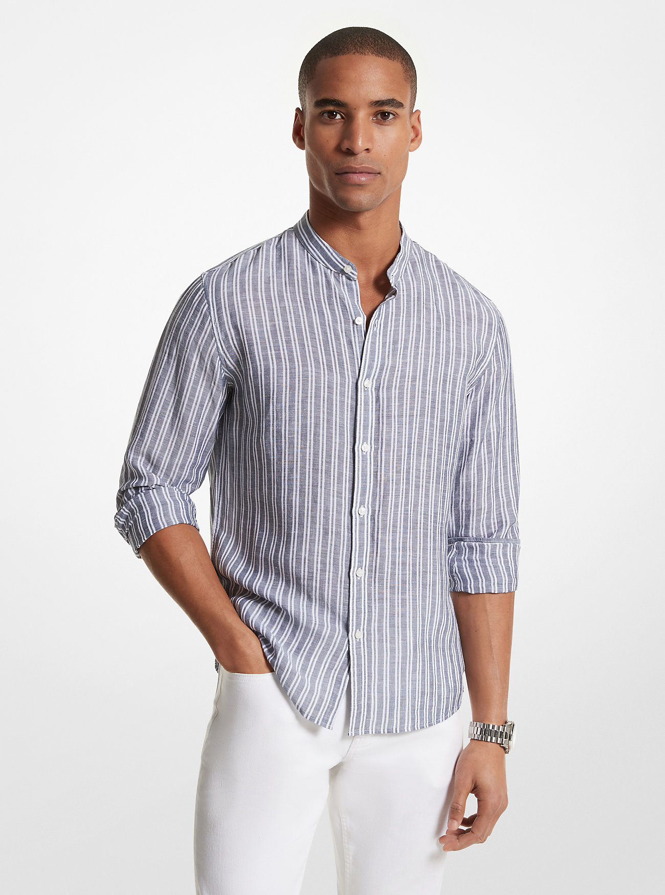 Striped Linen Blend Shirt - MIDNIGHT