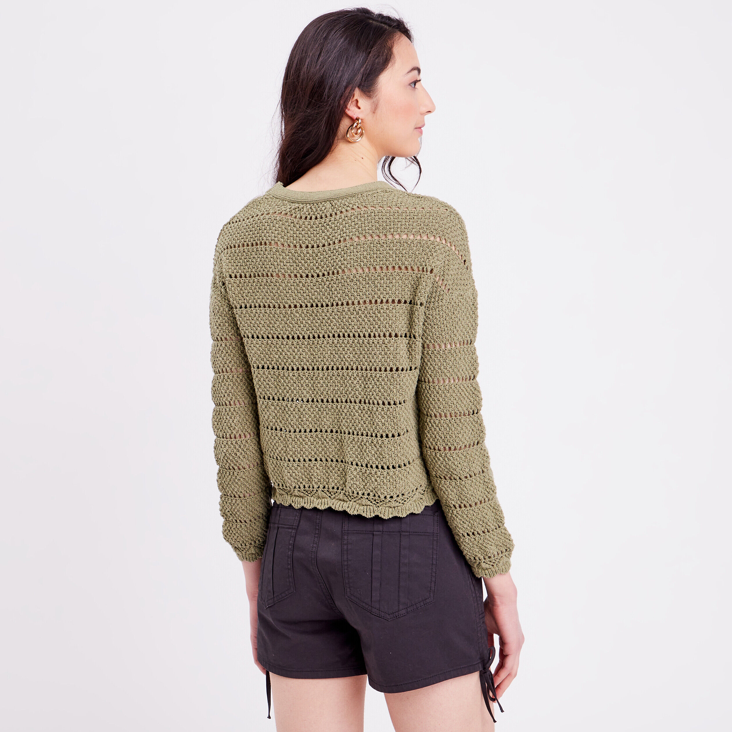Gilet boutonné aspect crochet vert kaki femme | Cache Cache