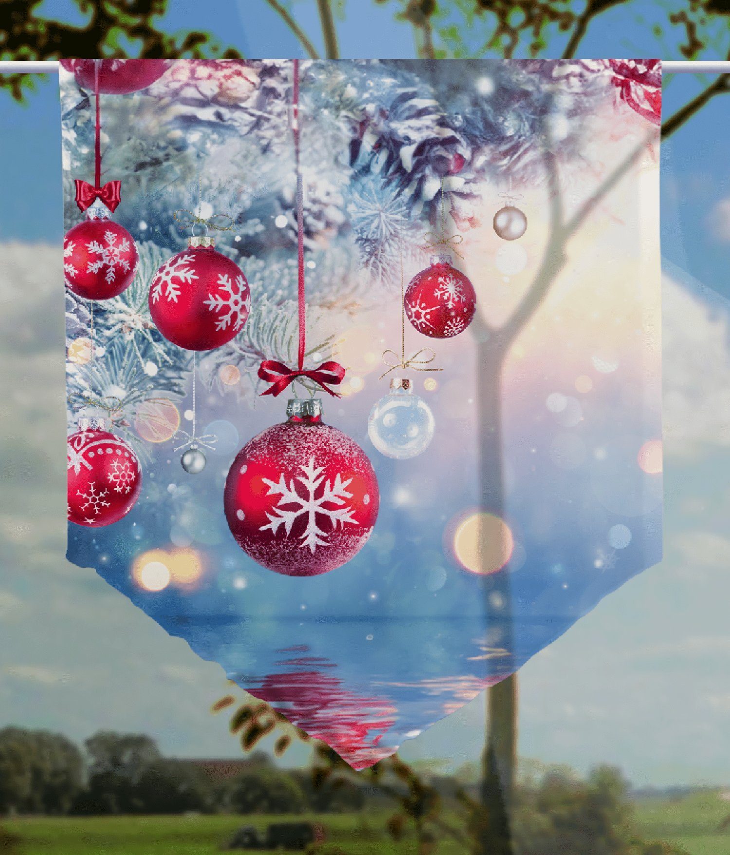 Scheibengardine Weihnachten in blau two - spitzer Scheibenhänger, gardinen-for-life
