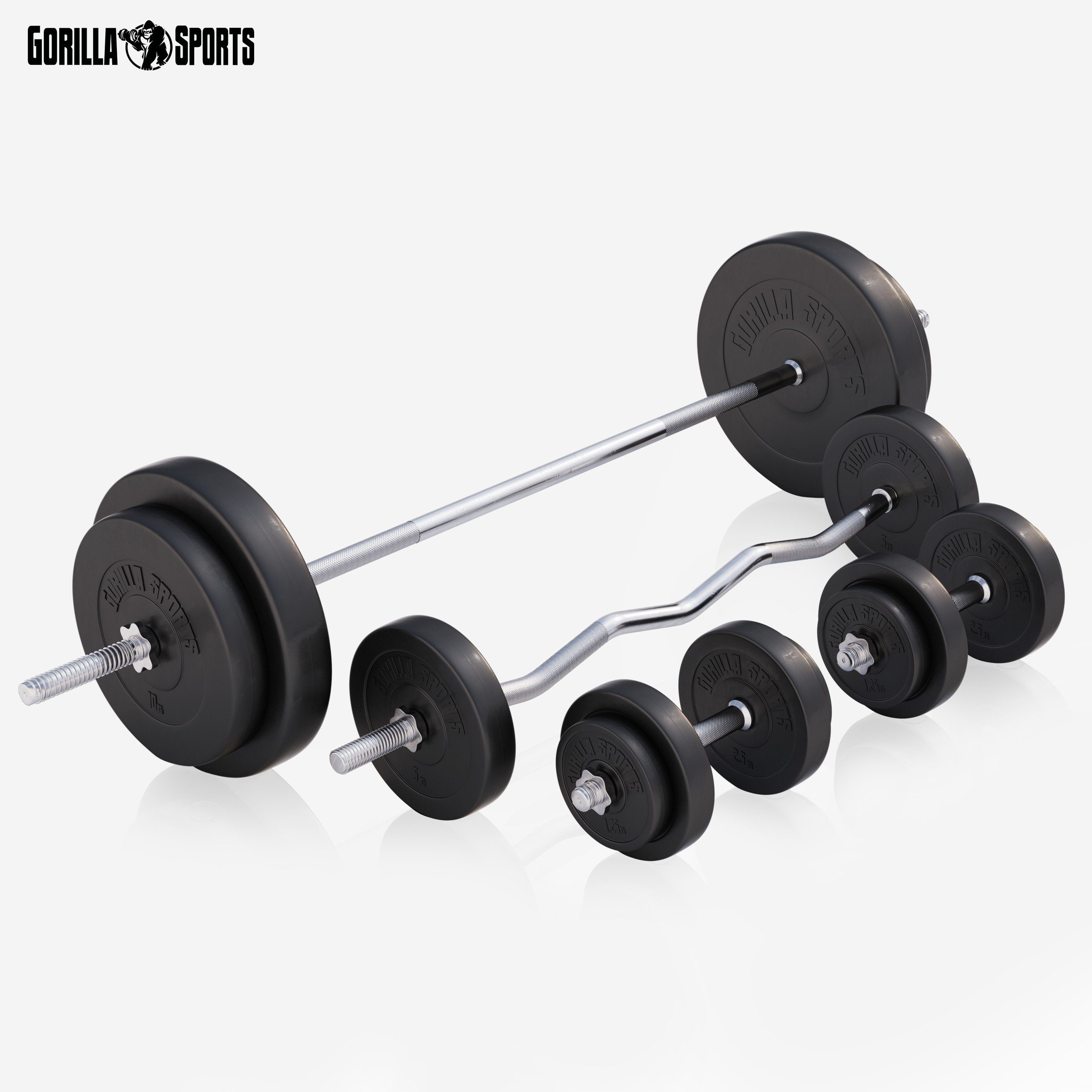 GORILLA SPORTS Hantelbank mit Ablage, Dip-Station, inkl. Hantelset 100kg, Klappbar, Schwarz/Weiß