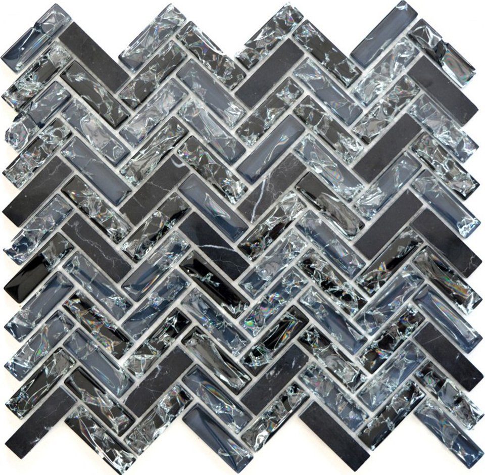 Mosani Mosaikfliesen Glasmosaik Naturstein Mosaik schwarz glänzend / 10 Matten