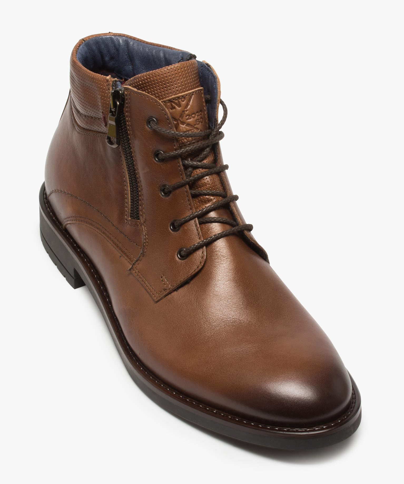 Boots homme en cuir uni fermeture lacets et zip - Tanéo camel | GEMO
