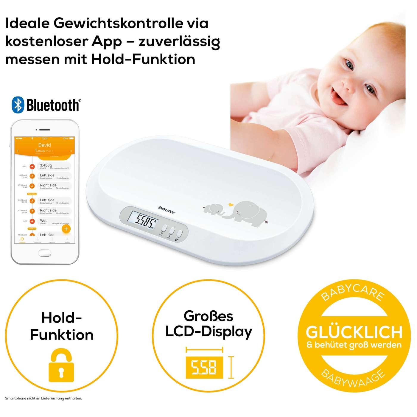 Beurer Babywaage BY 90-Babywaage mit Hold-Funktion für genaues Wiegen trotz Bewegungen & App-Anbindung