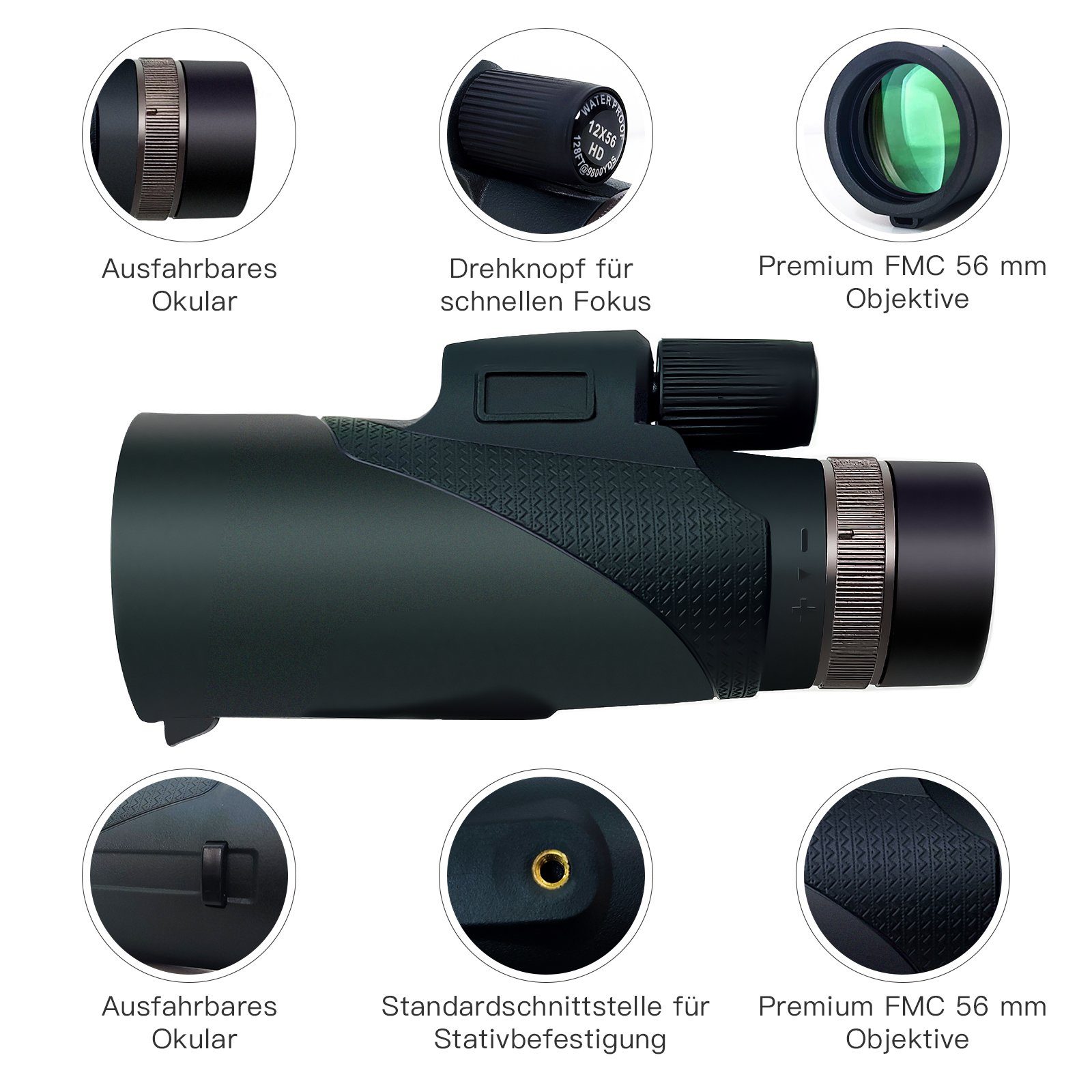Sintech Linsenteleskop 12×56 HD-Monokular-Teleskop mit Smartphone-Adapter