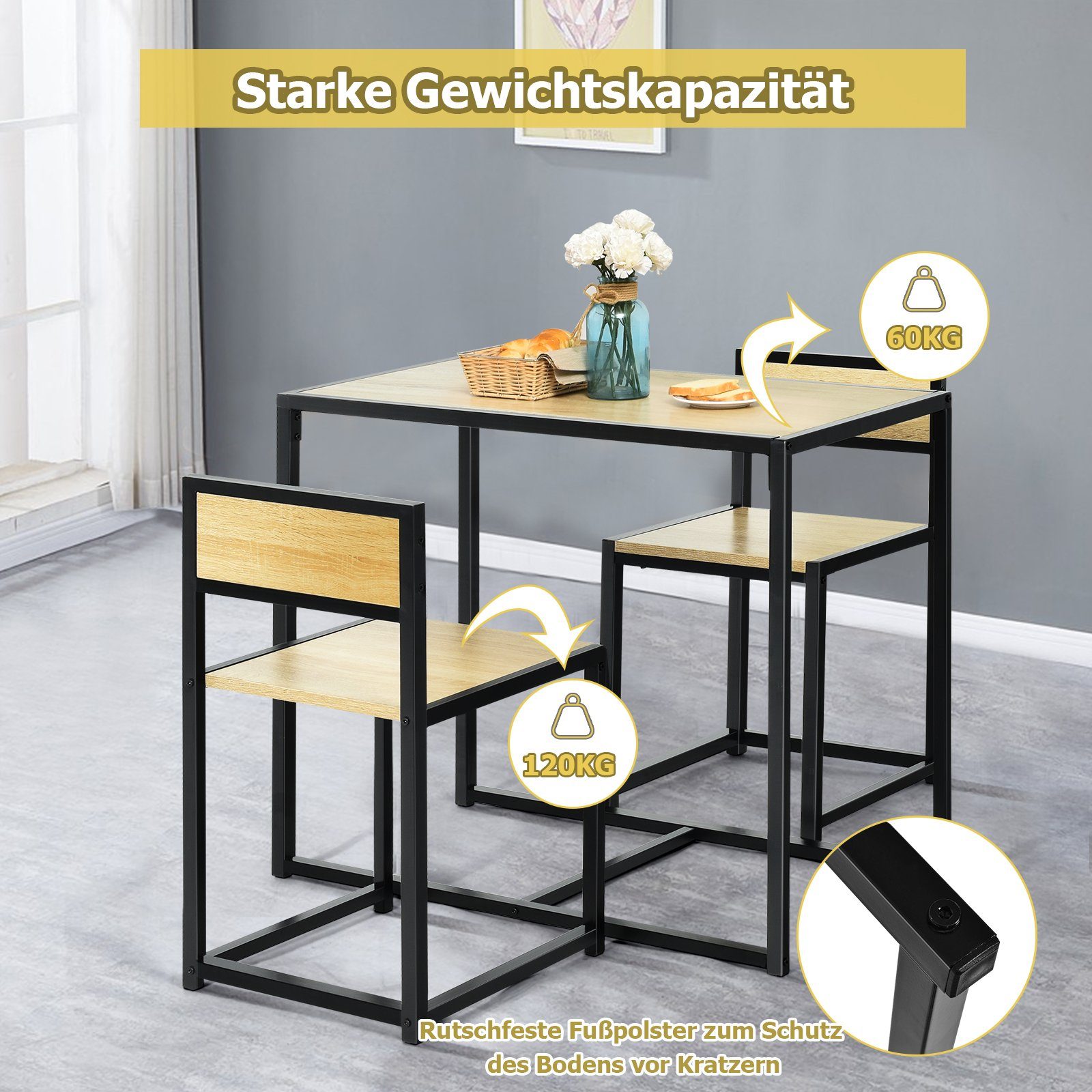 COSTWAY Essgruppe, (3-tlg), Küchenbar, mit Tisch & 2 Stühlen, platzsparend