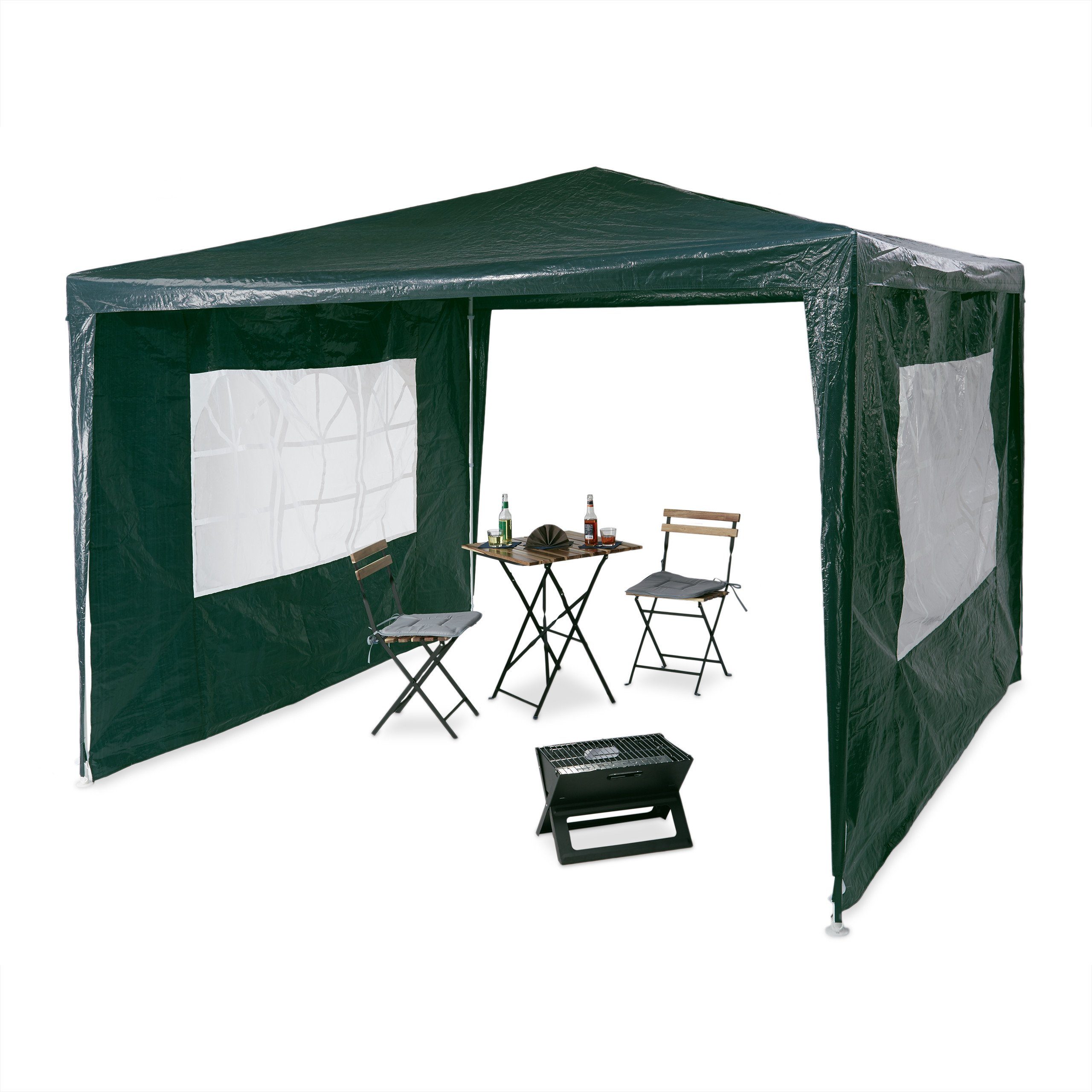relaxdays Pavillon Pavillon 3x3 m mit 2 Seitenteilen, Grün