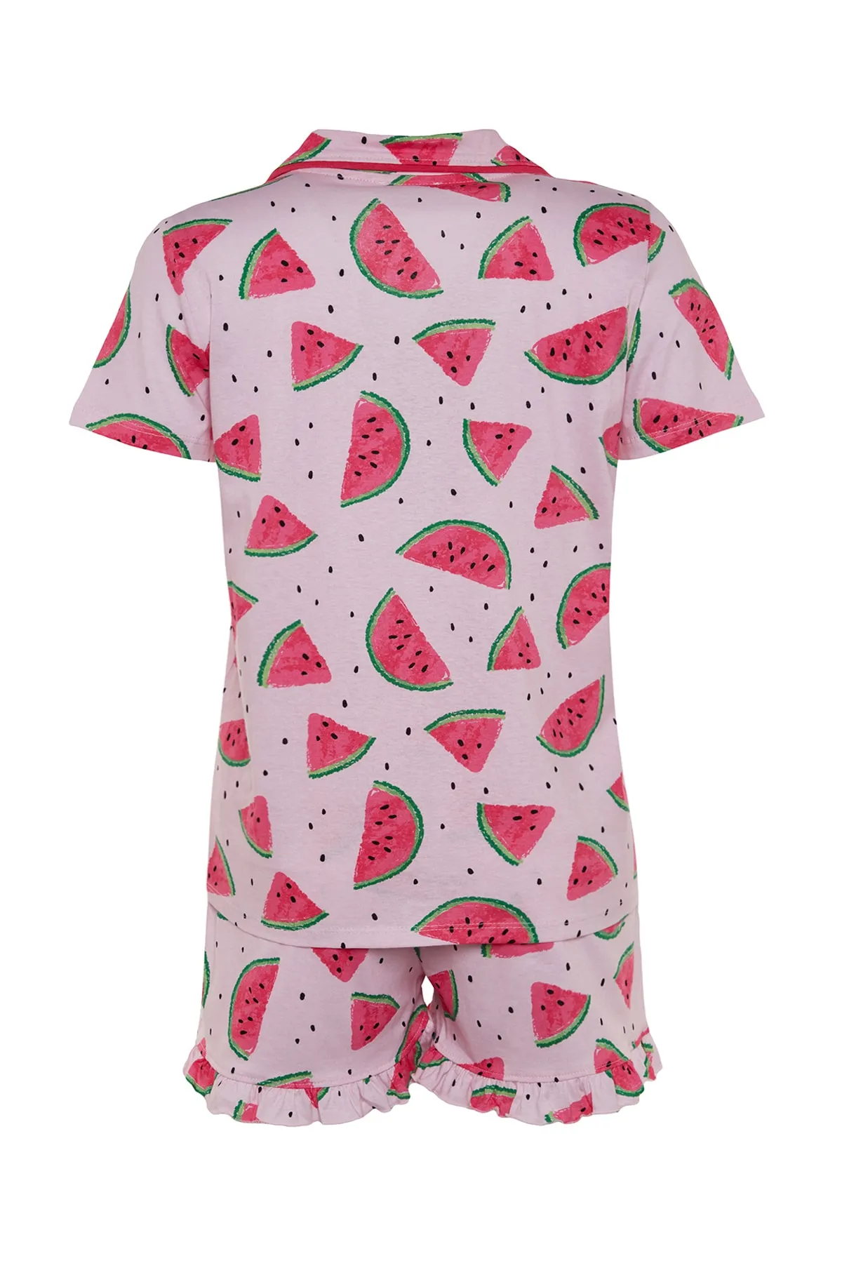 Trendyol Collection  Rosa Pyjama-Set aus Hemd und Shorts mit Rüschen, 100 % Baumwolle, Wassermelonenmuster, THMSS21PT0670