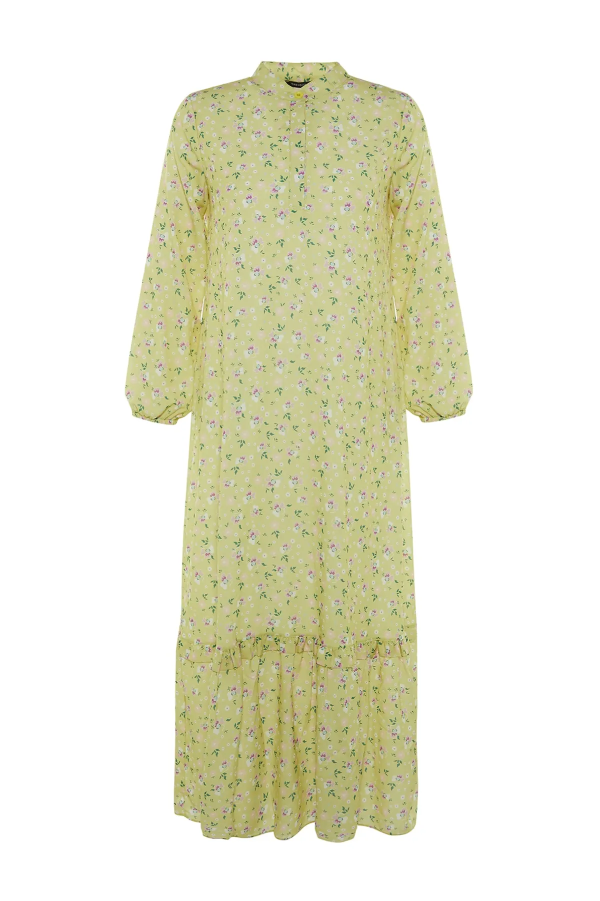 Trendyol Modest  Hellgelbes, gewebtes Kleid mit Blumenmuster, halber Knopfleiste und Rüschenspitze, gefüttert TCTSS21EL3353