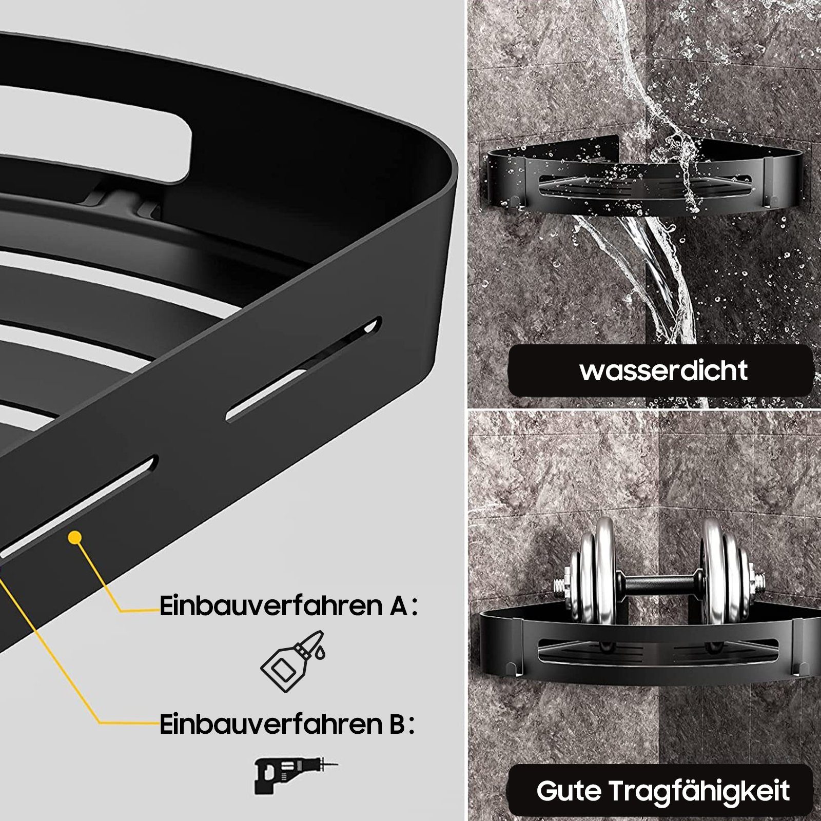 iceagle Duschablage Duschablage Schwarz Eckregal, Dreieck Duschkorb, Badregal Ohne Bohren, Badezimmer-Dreiecksregal ohne Bohren für Balkon, Schlafzimmer, 2-Pack, 4 Häkchen, Stanzen/Einfügen, Hochwertiges Raumfahrt-Aluminium