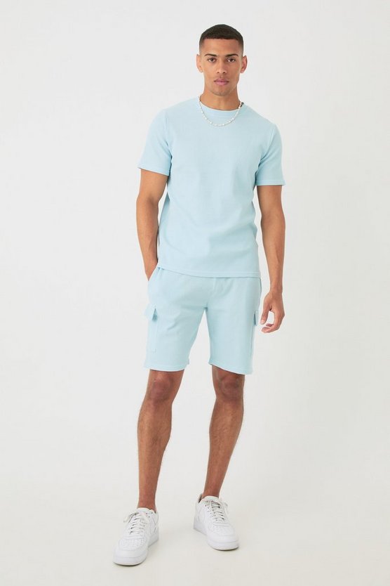 Slim-Fit T-Shirt & Cargo-Shorts in Waffeloptik