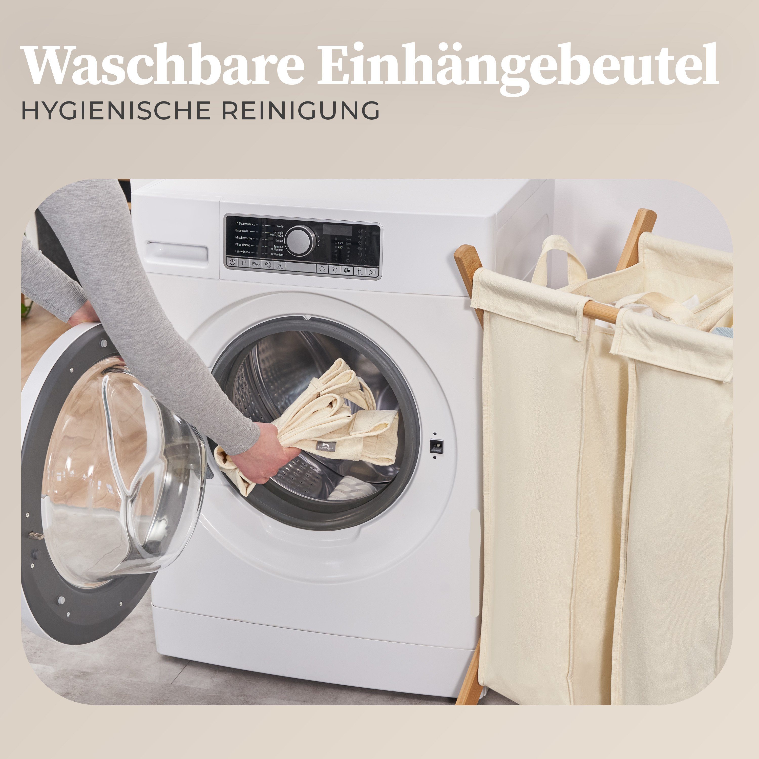 HENNEZ Wäschesortierer 3 Fächer - 150L Wäschesammler Bambus, Herausnehmbare Wäschesäcke - Premium Bambusrahmen
