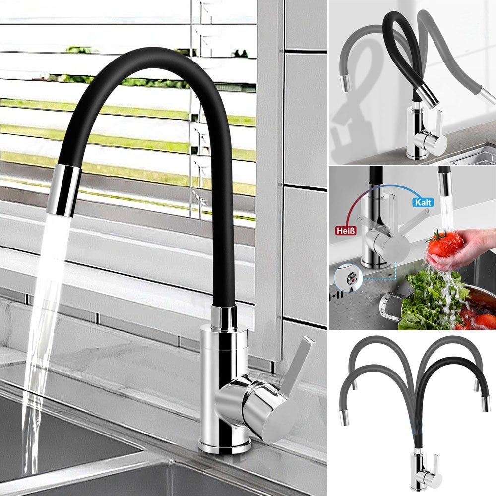 XIIW Waschtischarmatur Messing Küchenarmatur Spültischarmatur, Keramikkartusche,ABS Belüfter (Flexible Wasserhahn Küchen(360° Schwenkbar),Höhe 34,7cm,Schwarz Silikonschlauch)