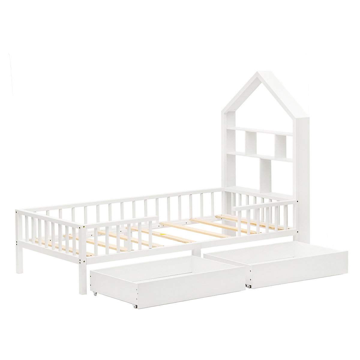 Hausbett 90x200 cm mit Bücherregal und Schubladen