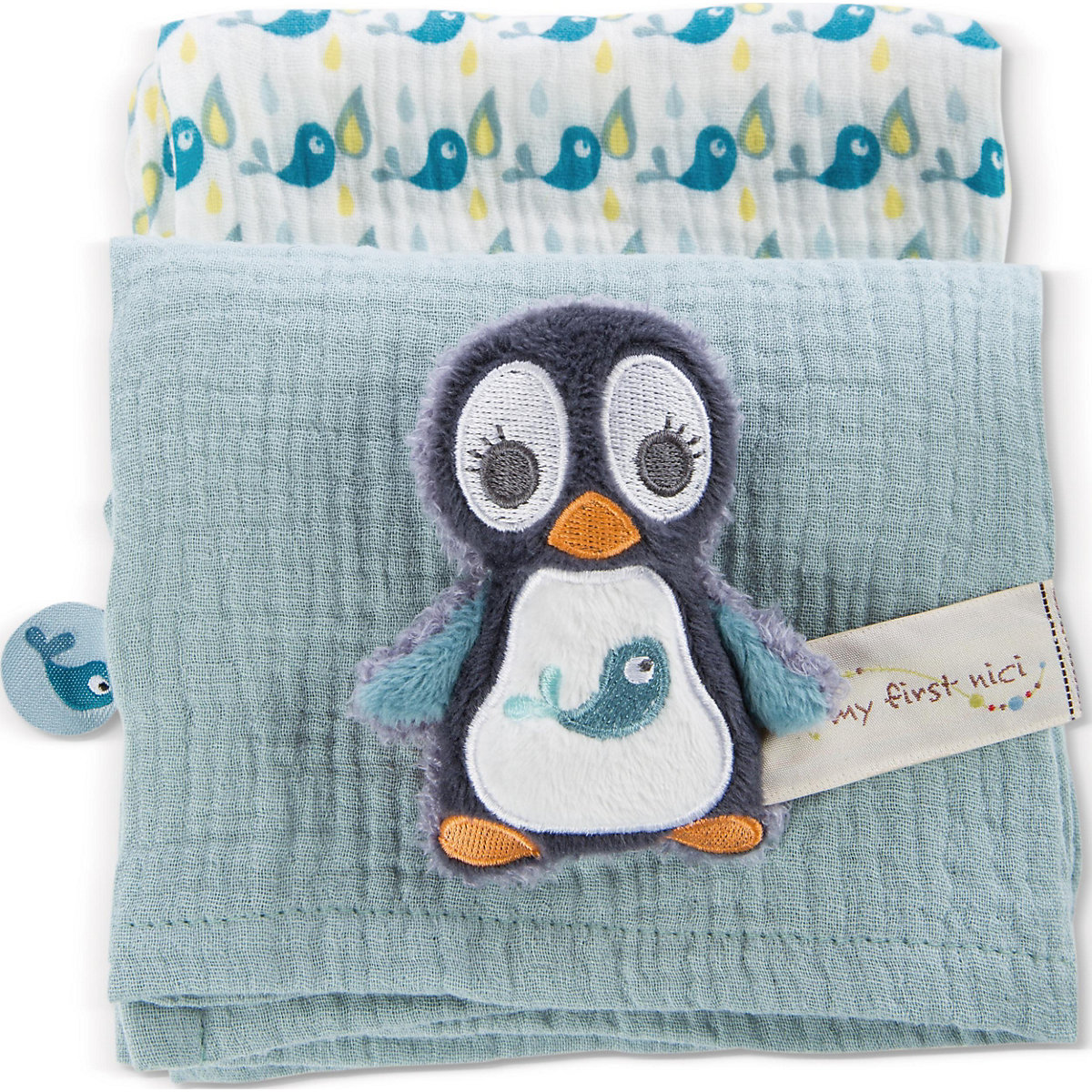 Mulltuch 2er-Set 60x60 cm mit Greifling Pinguin Watschili (48048)