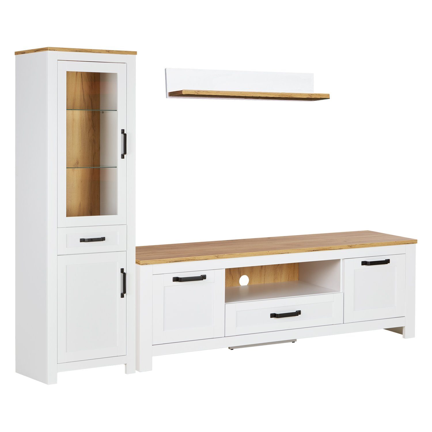 Homestyle4u Wohnwand Anbauwand Schrank Set 3 tlg. Weiß Eiche, (3-St)