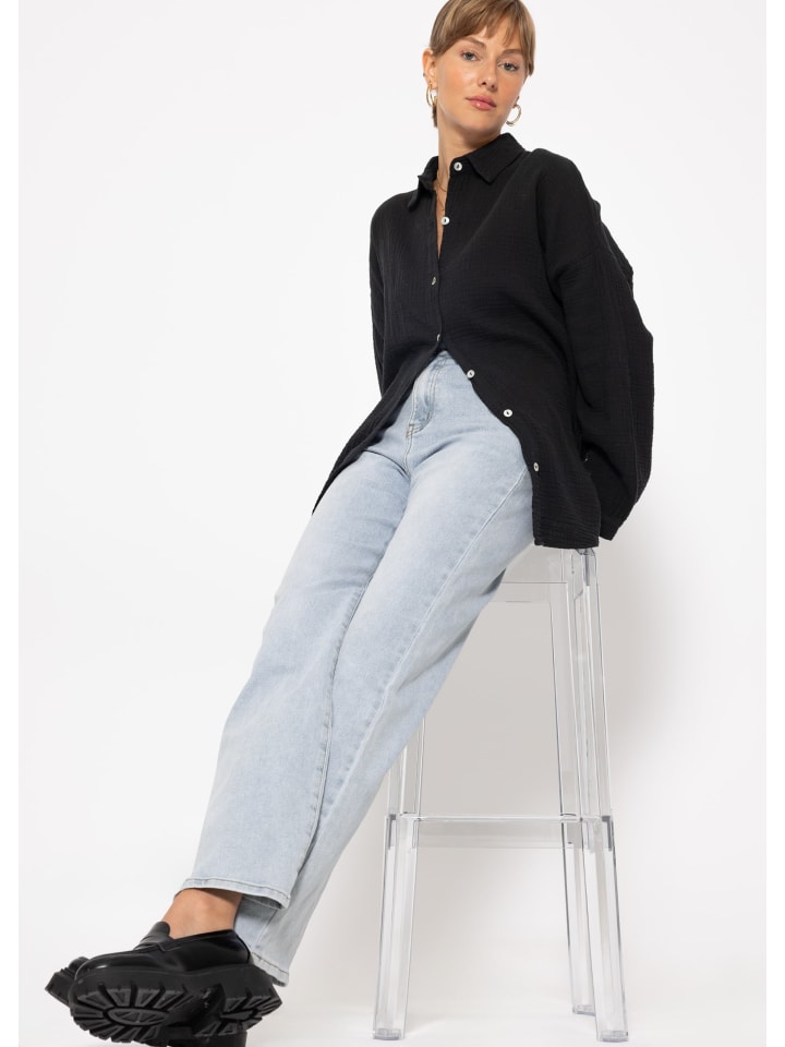 SASSYCLASSY Musselin Bluse im Regular Fit in Schwarz günstig kaufen