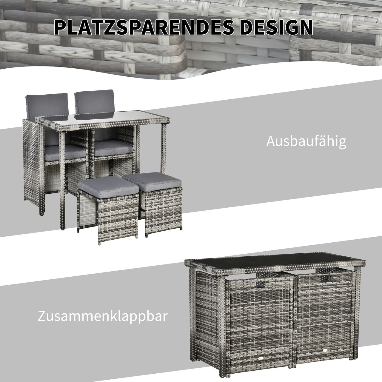 Outsunny Polyrattan Sitzgruppe Essgruppe Gartenset Garnitur 11 tlg. mit Kissen, Grau