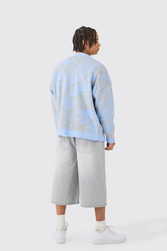 Kastiger Oversize Jacquard-Cardigan mit abstraktem Print