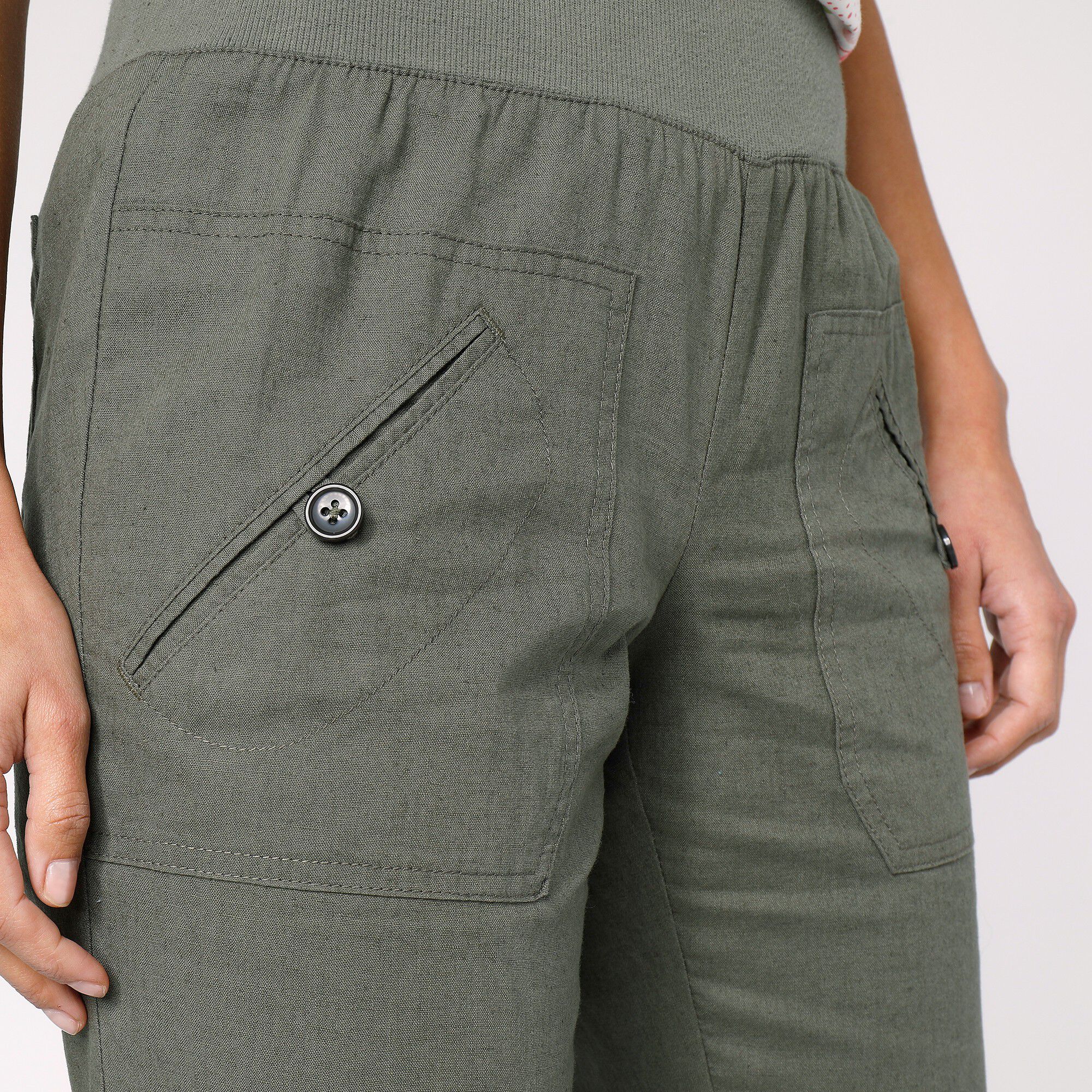 Pantalon coupe droite 7/8ème taille élastiquée, lin coton