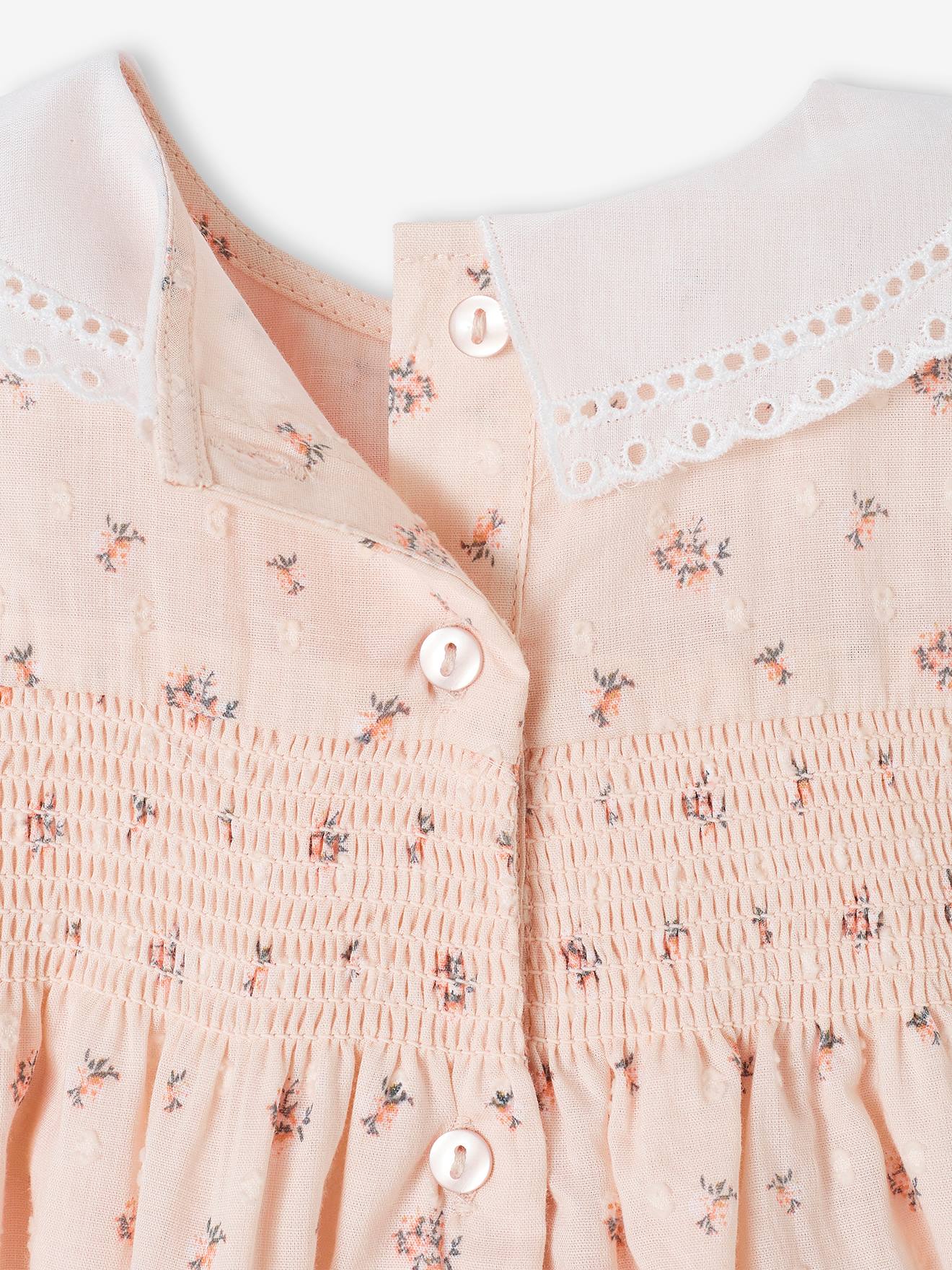 Vertbaudet Gesmoktes Baby Kleid mit besticktem Kragen - hellrosa