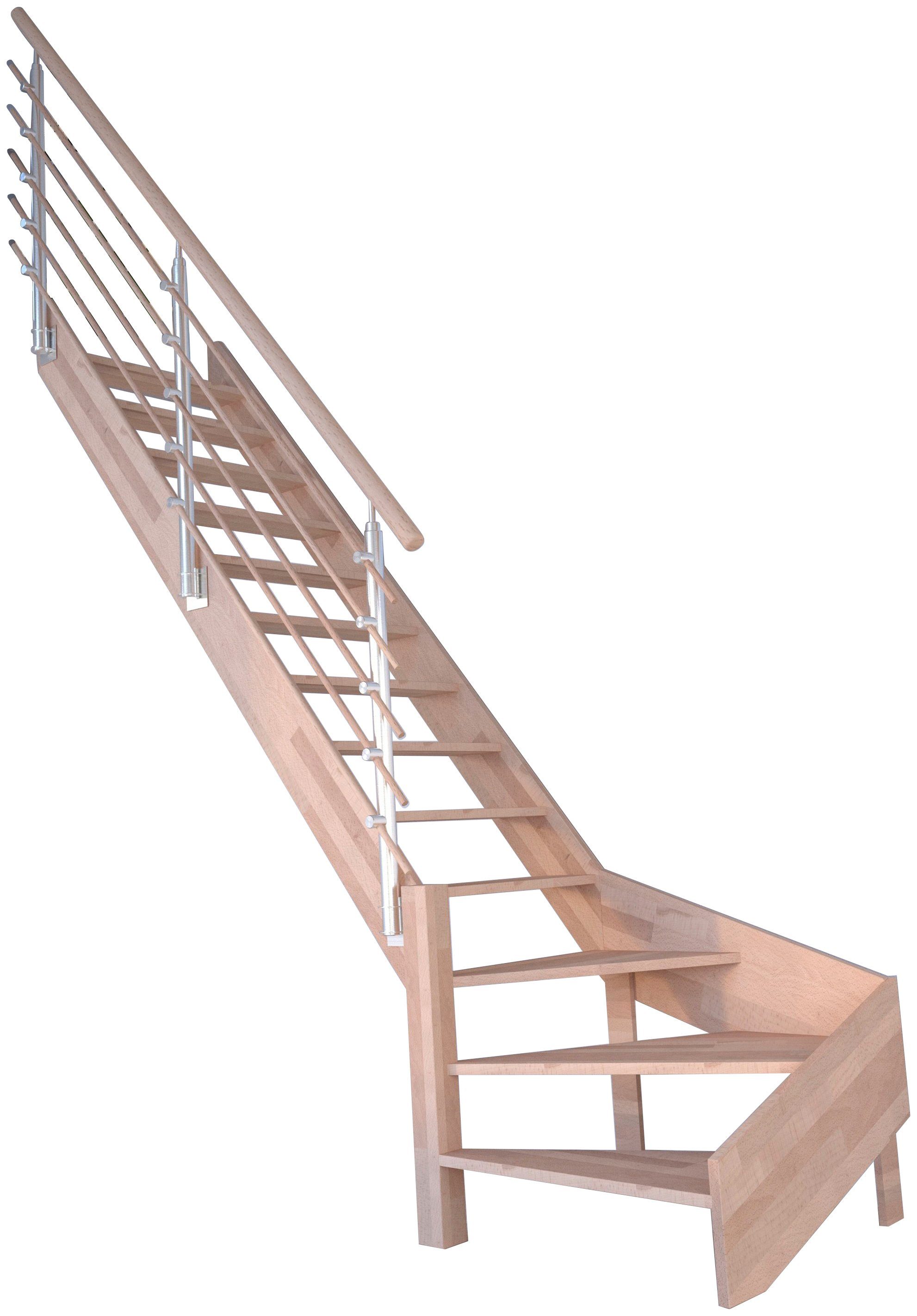 Starwood Raumspartreppe Massivholz Rhodos, Design-Geländer Holzrundstäbe, für Geschosshöhen bis 300 cm, Stufen offen, gewendelt Links, Durchgehende Wangenteile