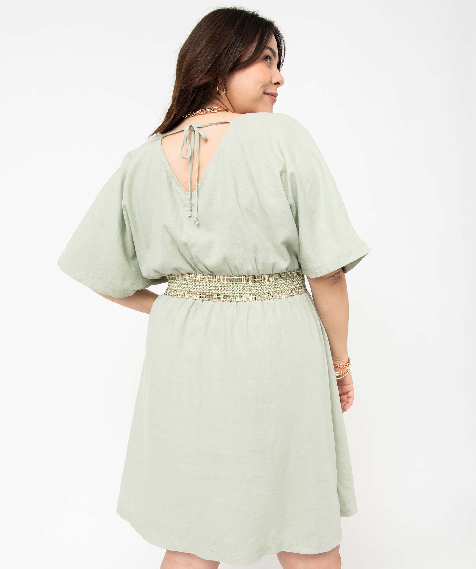 Robe femme grande taille en lin mélangé à col cache-cur beige | GEMO