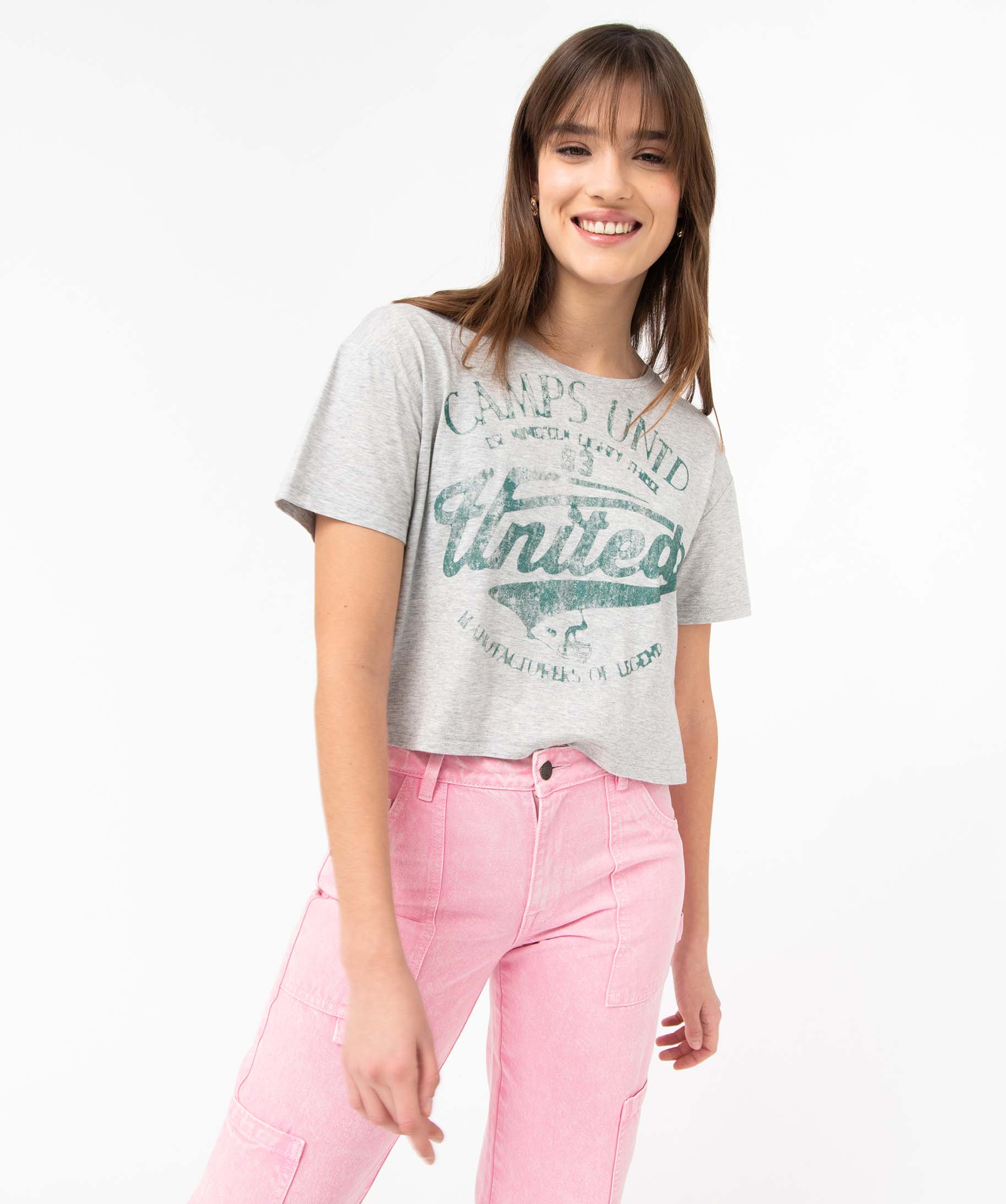 Tee-shirt femme à manches courtes inscription XXL - Camps U... gris clair | GEMO